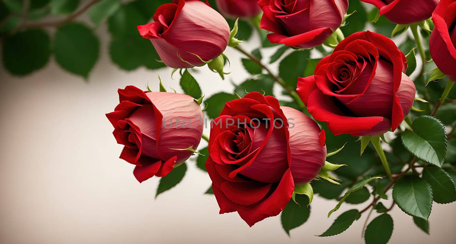 The image shows a bouquet of red roses hanging from a tree branch, with leaves and branches in the background.