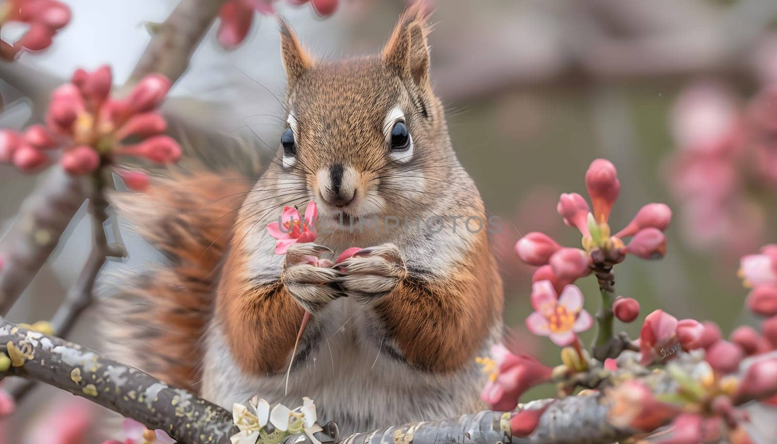 A rodent with whiskers known as a squirrel is perched on a tree branch, nibbling on flower petals. This terrestrial animal has a snout and enjoys feasting on plant organisms