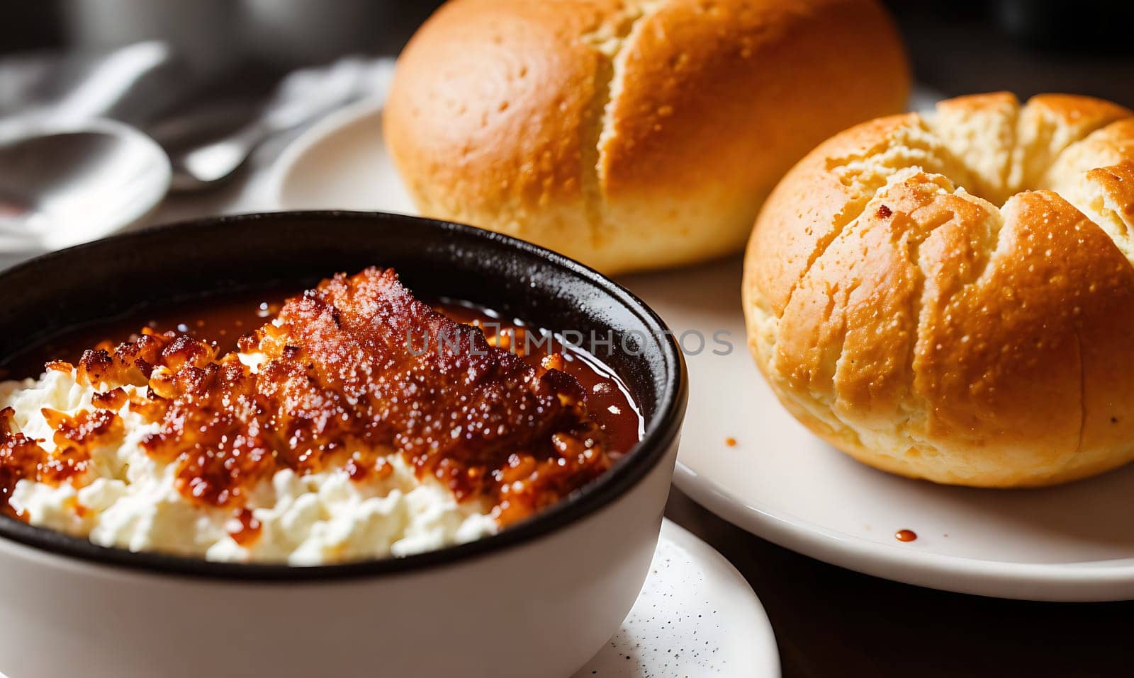The image shows a bowl of baked macaroni and cheese with two slices of bread on the side.