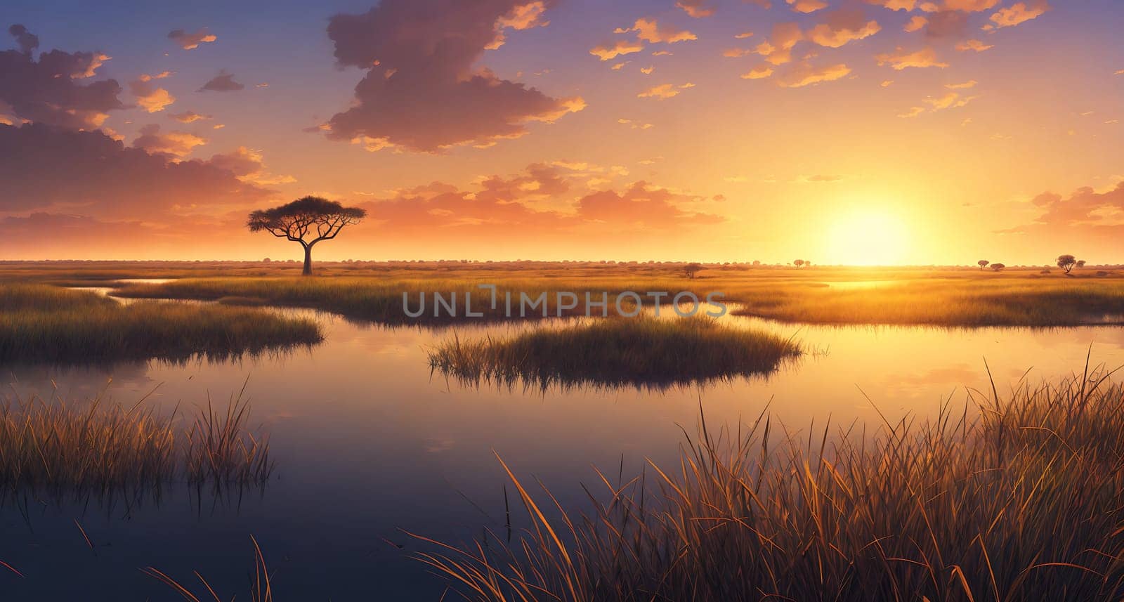 The image shows a sunset over a marshy landscape with a lone tree standing in the foreground.