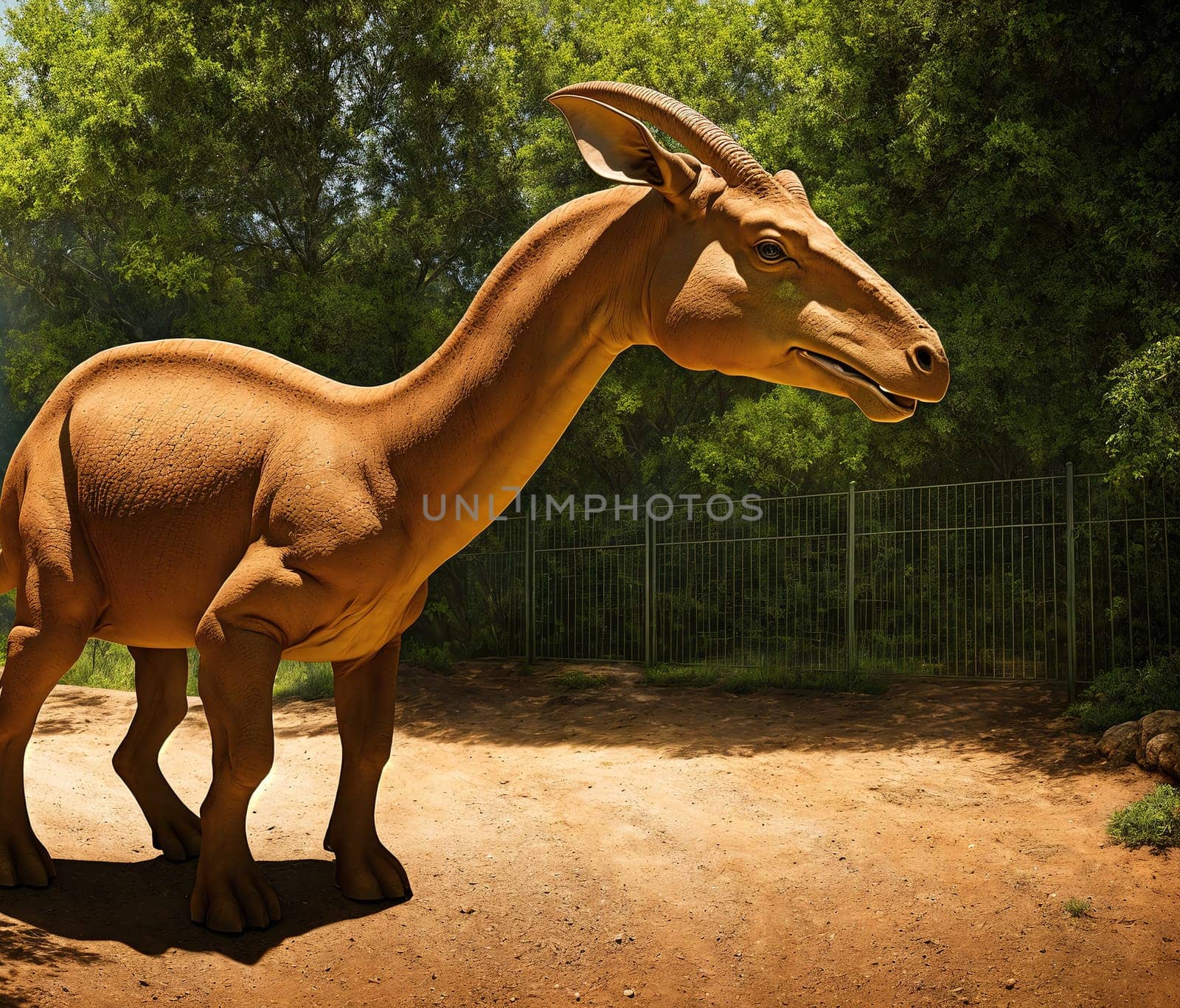 The image shows a group of three dinosaurs standing in a dirt path, with one of them looking directly at the camera.