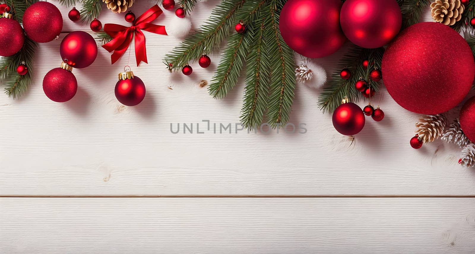 The image shows a red and green Christmas wreath hanging on a wooden background with red and green ornaments hanging from it.