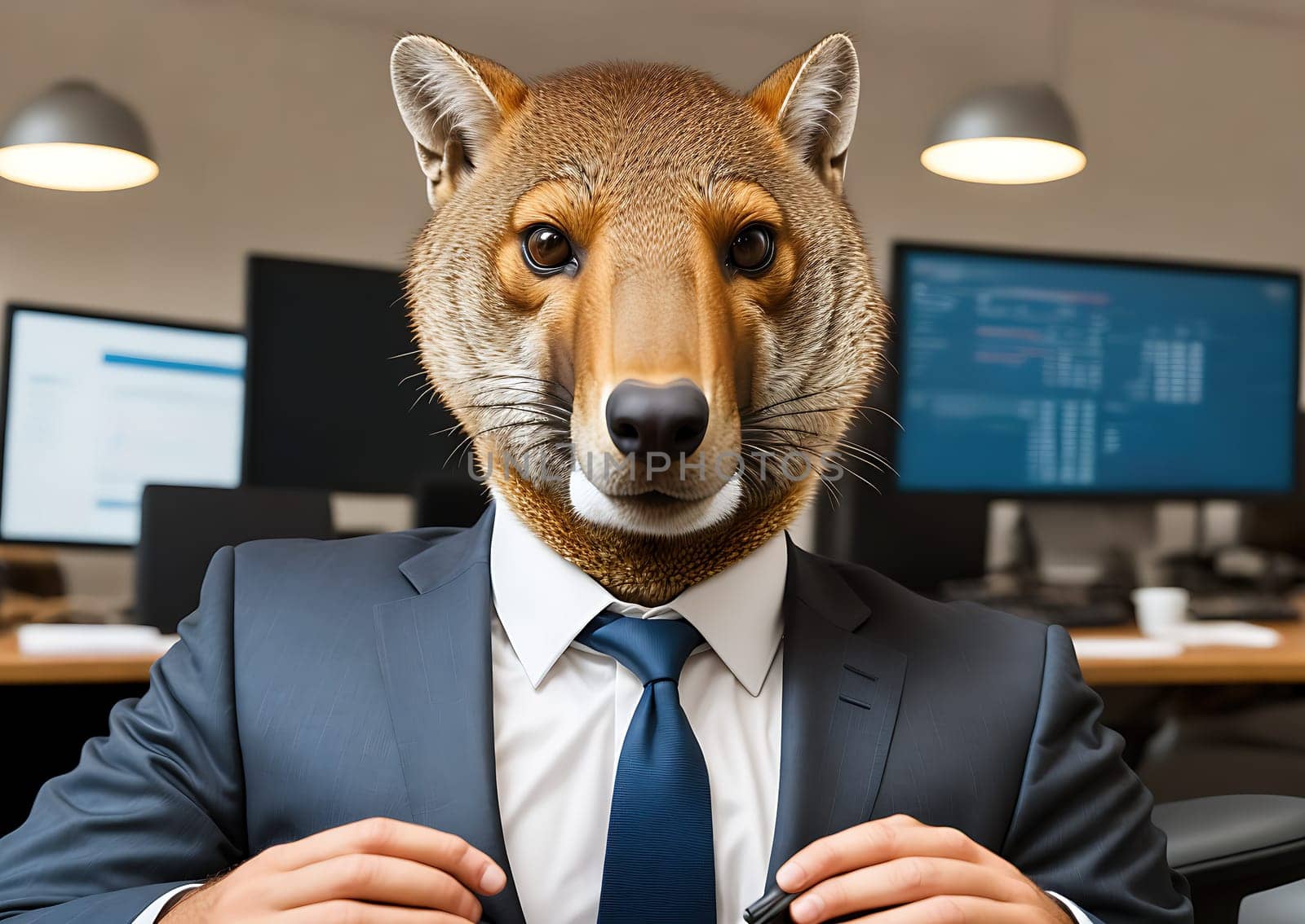 The image shows a person wearing a suit and tie sitting at a desk with a computer monitor in front of them, looking at the camera with a serious expression on their face.