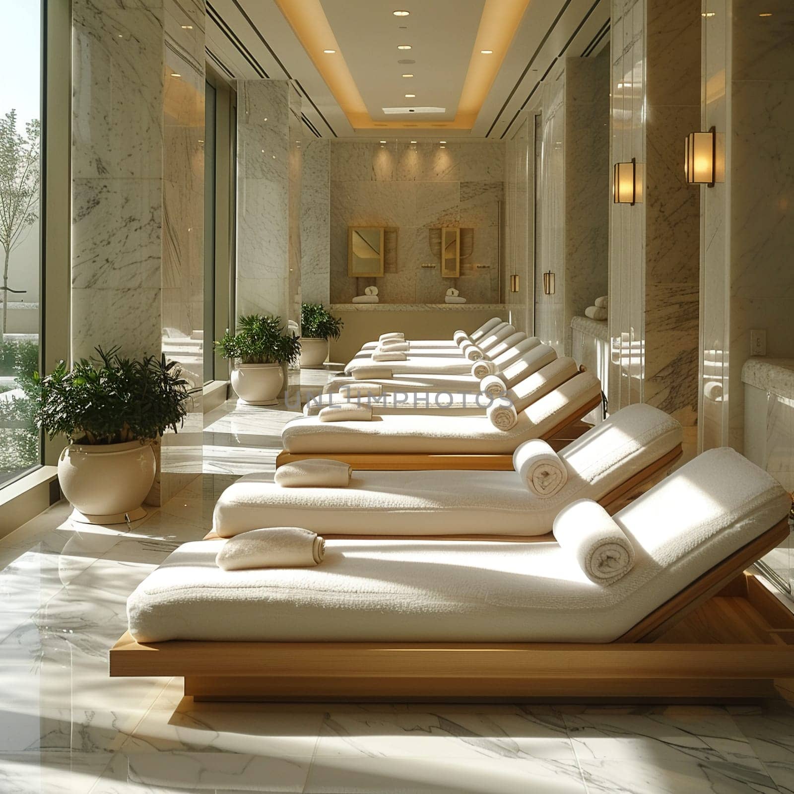 Serene Spa and Wellness Center Offering Executive Relaxation, Softly focused amenities promise tranquility amidst the business of corporate life.