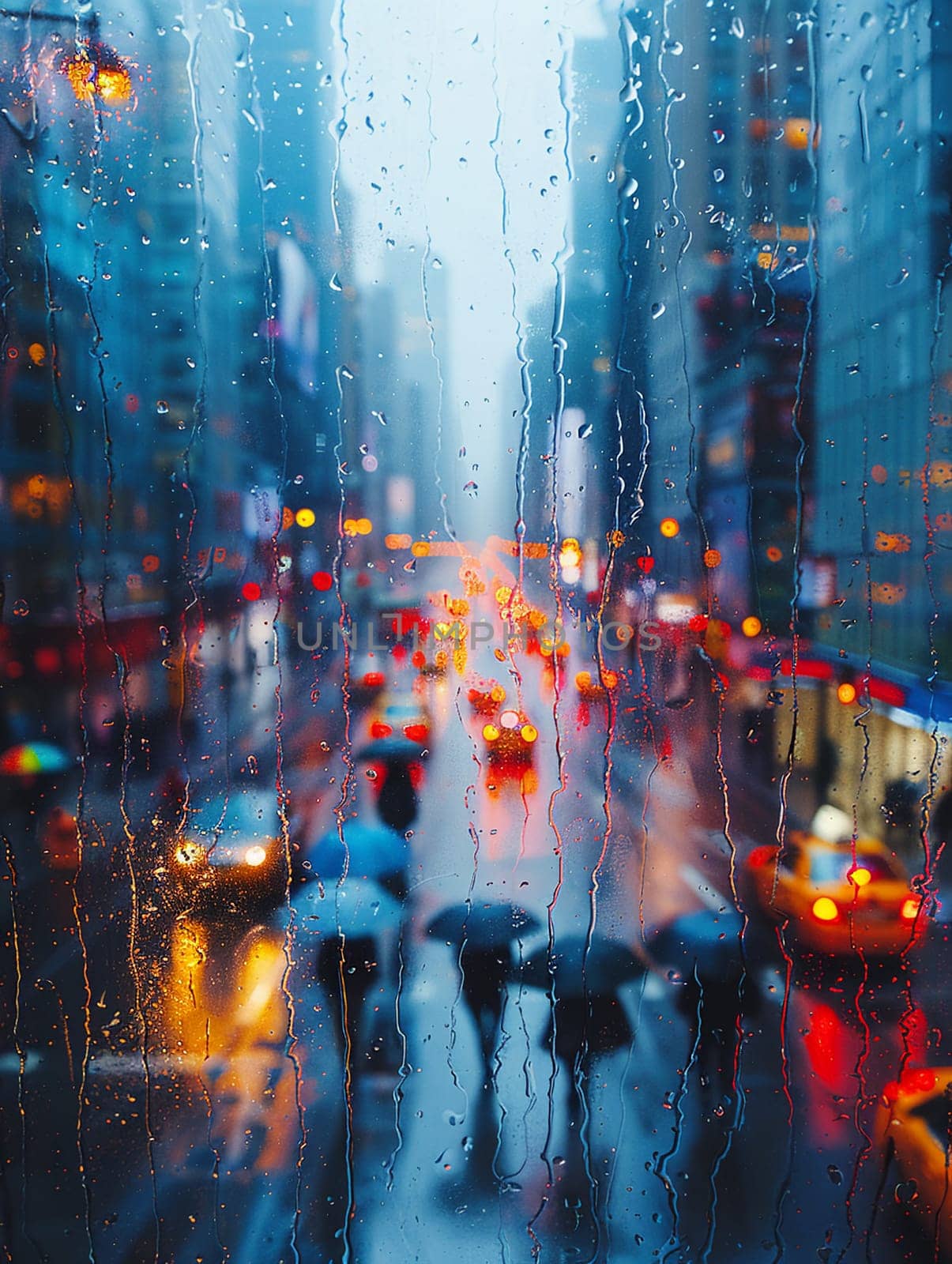 Rainy Day Cityscape with Blurred Umbrellas and Pedestrians, The water-streaked scene suggests the resilience and adaptability of city dwellers.