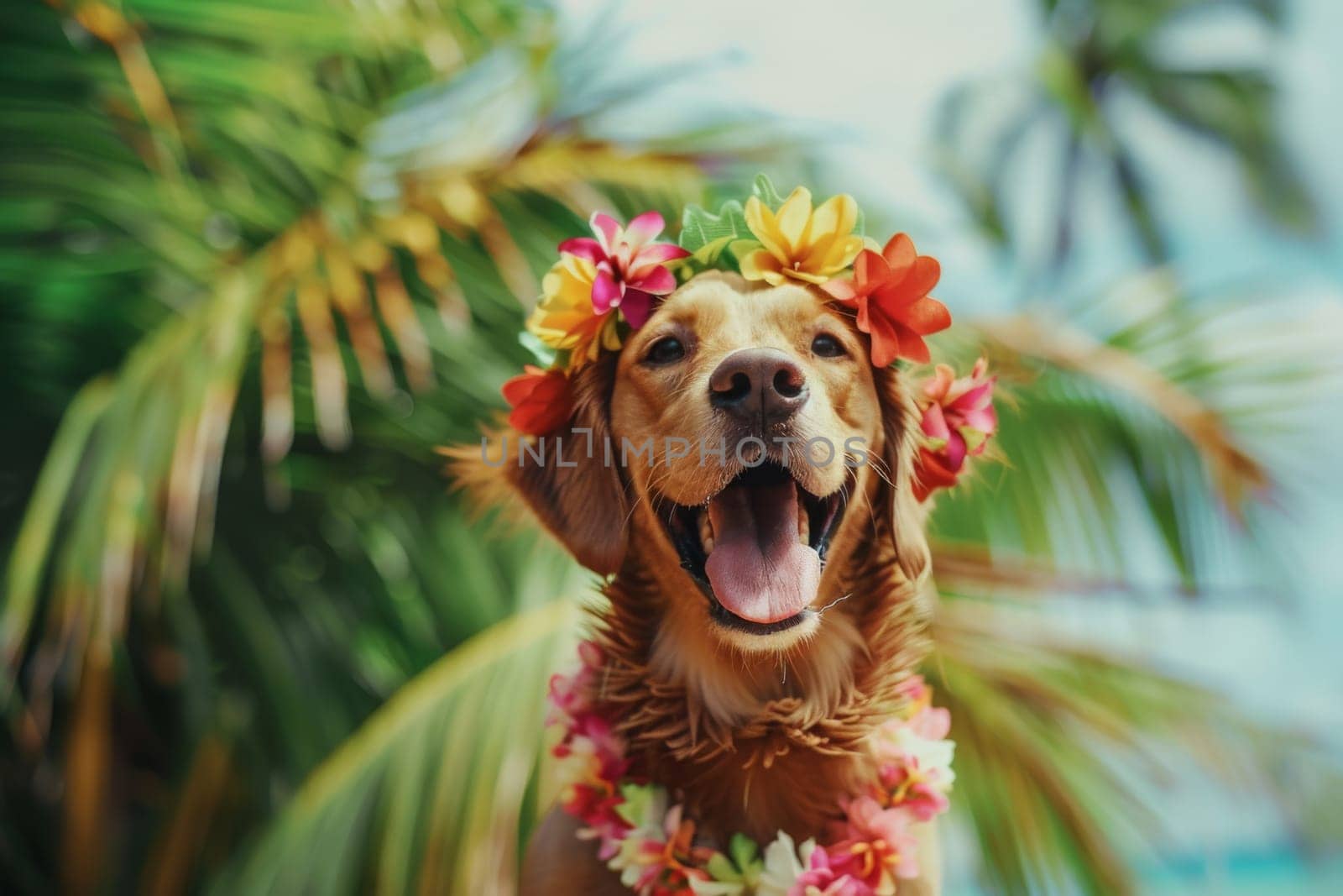 Summer background, Dog with hawaiian costume tropical palm and beach background, Generative AI.