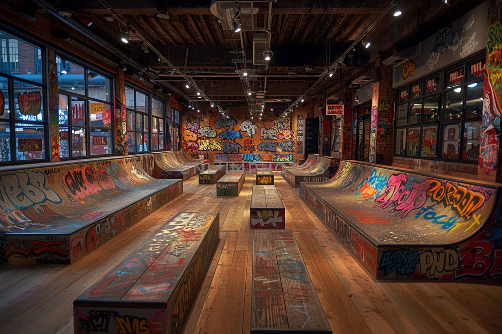 Skateboarding Urban Oasis Defines Cool in Business of Youth Culture and Extreme Sports, Skate decks and urban murals define cool and youth culture in the skateboarding urban oasis business.