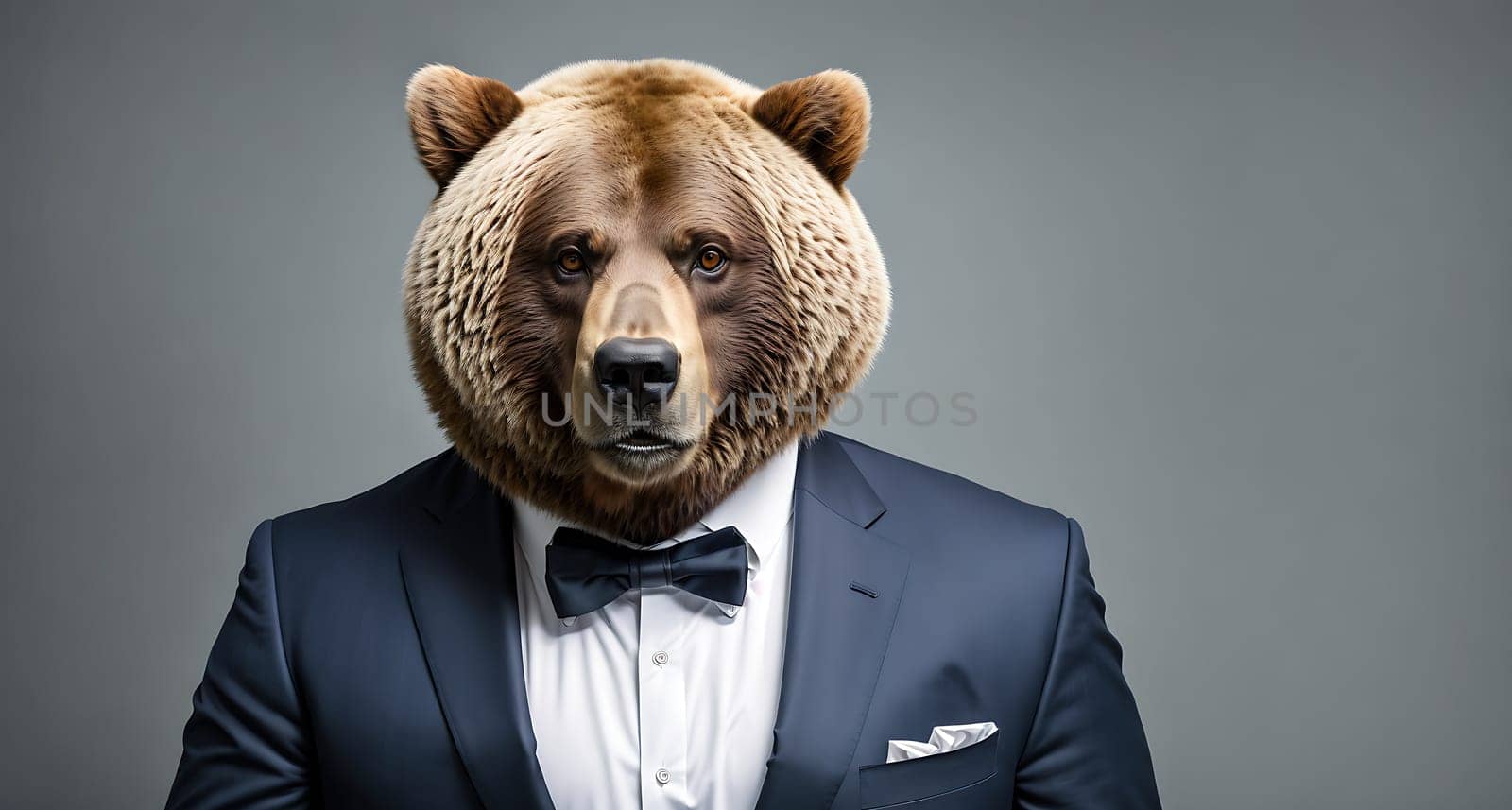 The image shows a bear wearing a tuxedo and bow tie, looking directly at the camera with a serious expression on its face.