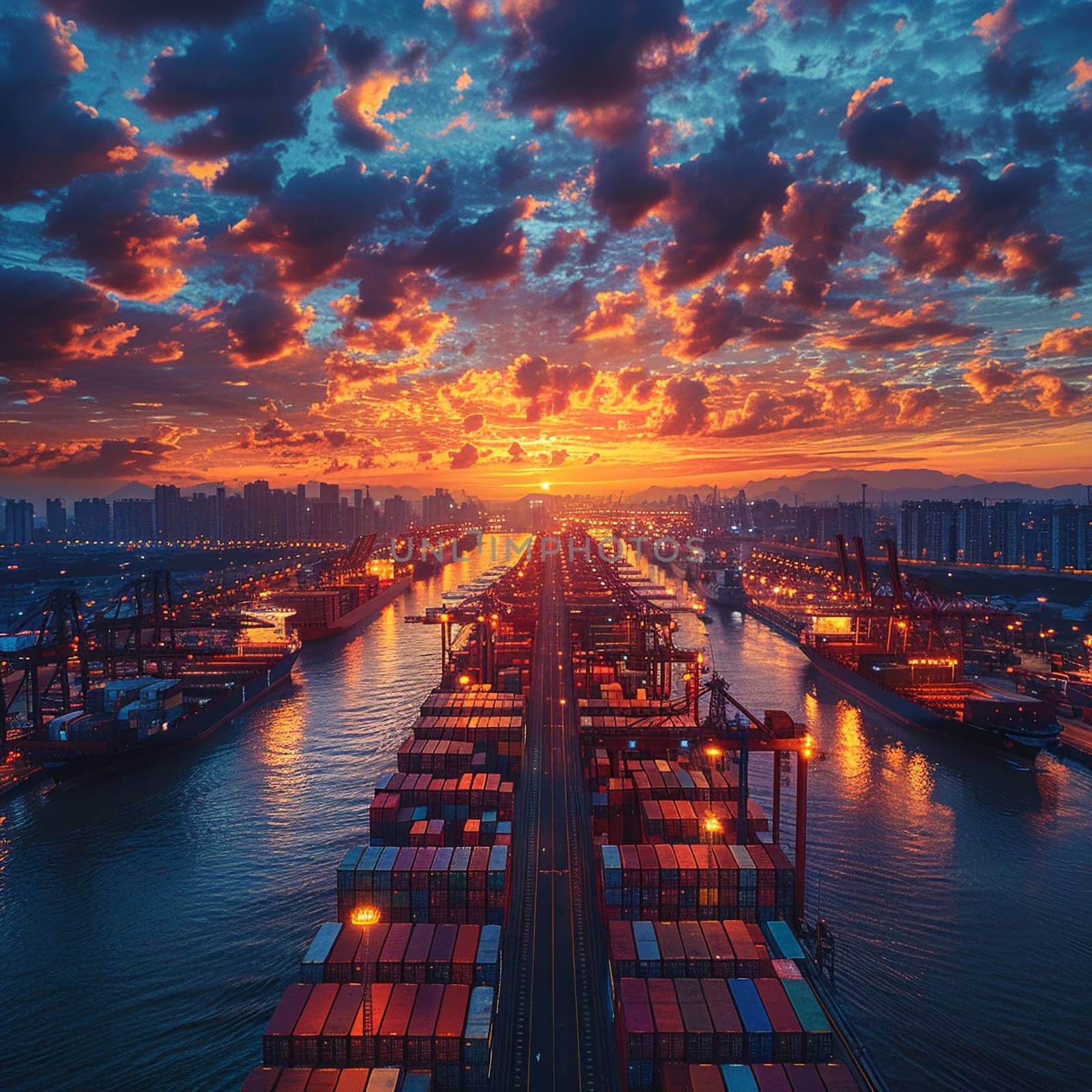 Business Shipping Operations Managed Efficiently at Bustling Port, Cargo ships and cranes set the scene for a narrative of global trade and business logistics.