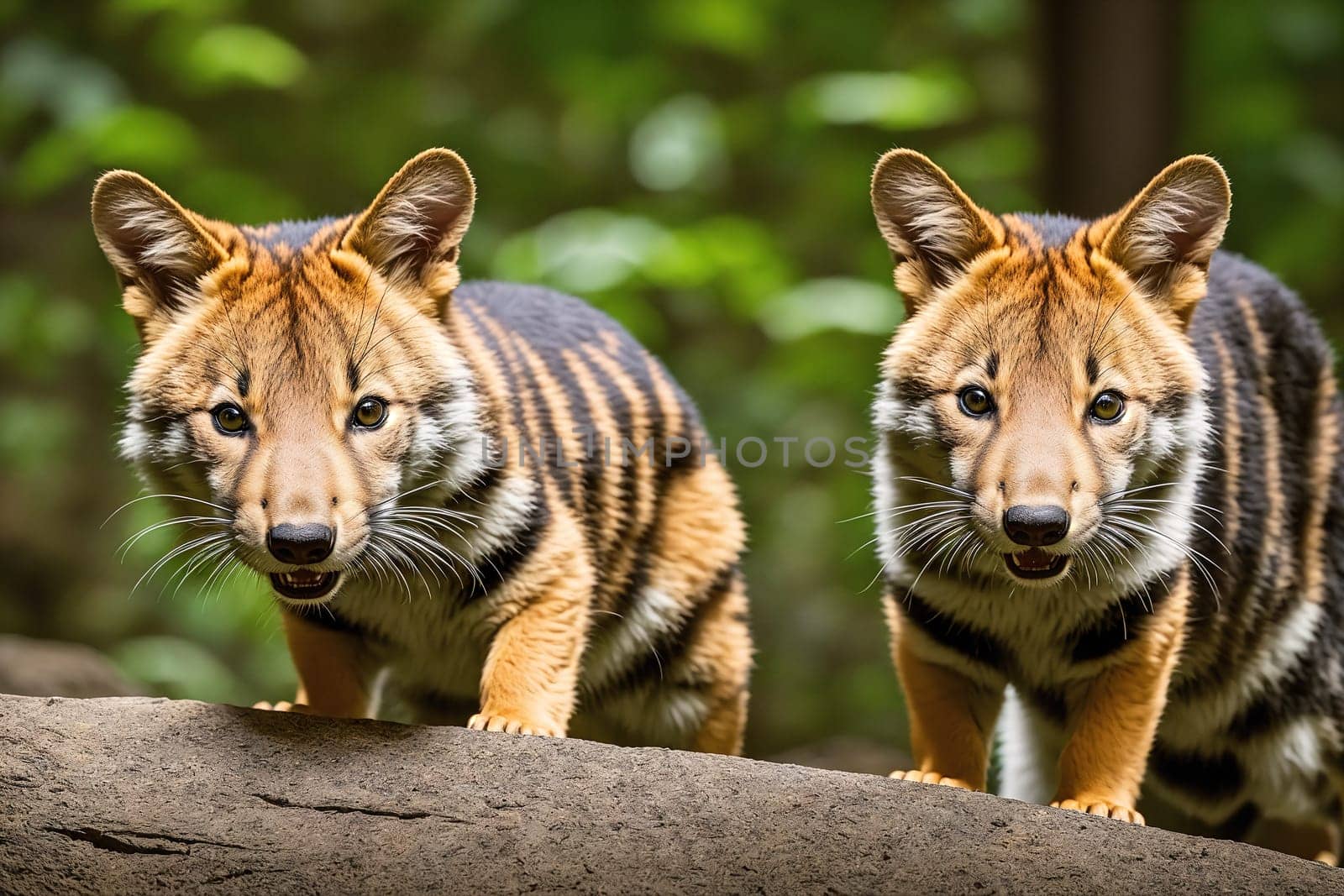 The image shows two striped civets standing on a rock, looking at the camera.