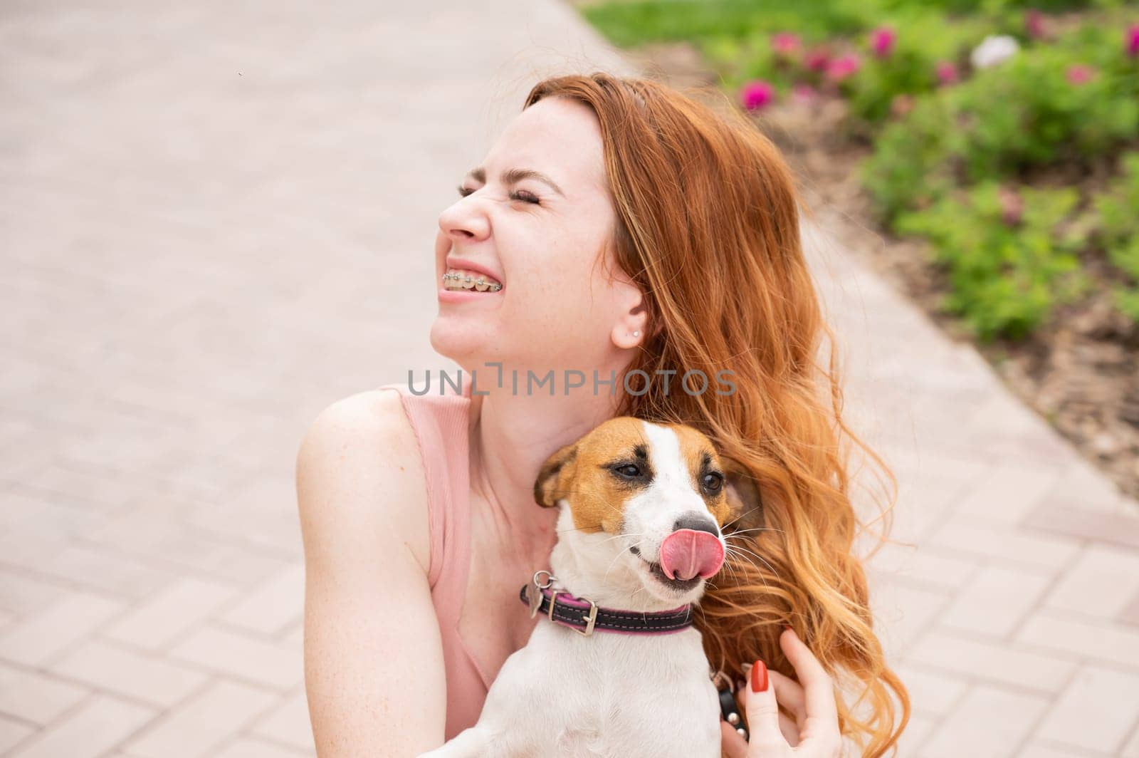 Dog jack russell terrier licks the owner in the face outdoors. Girl with braces on her teeth