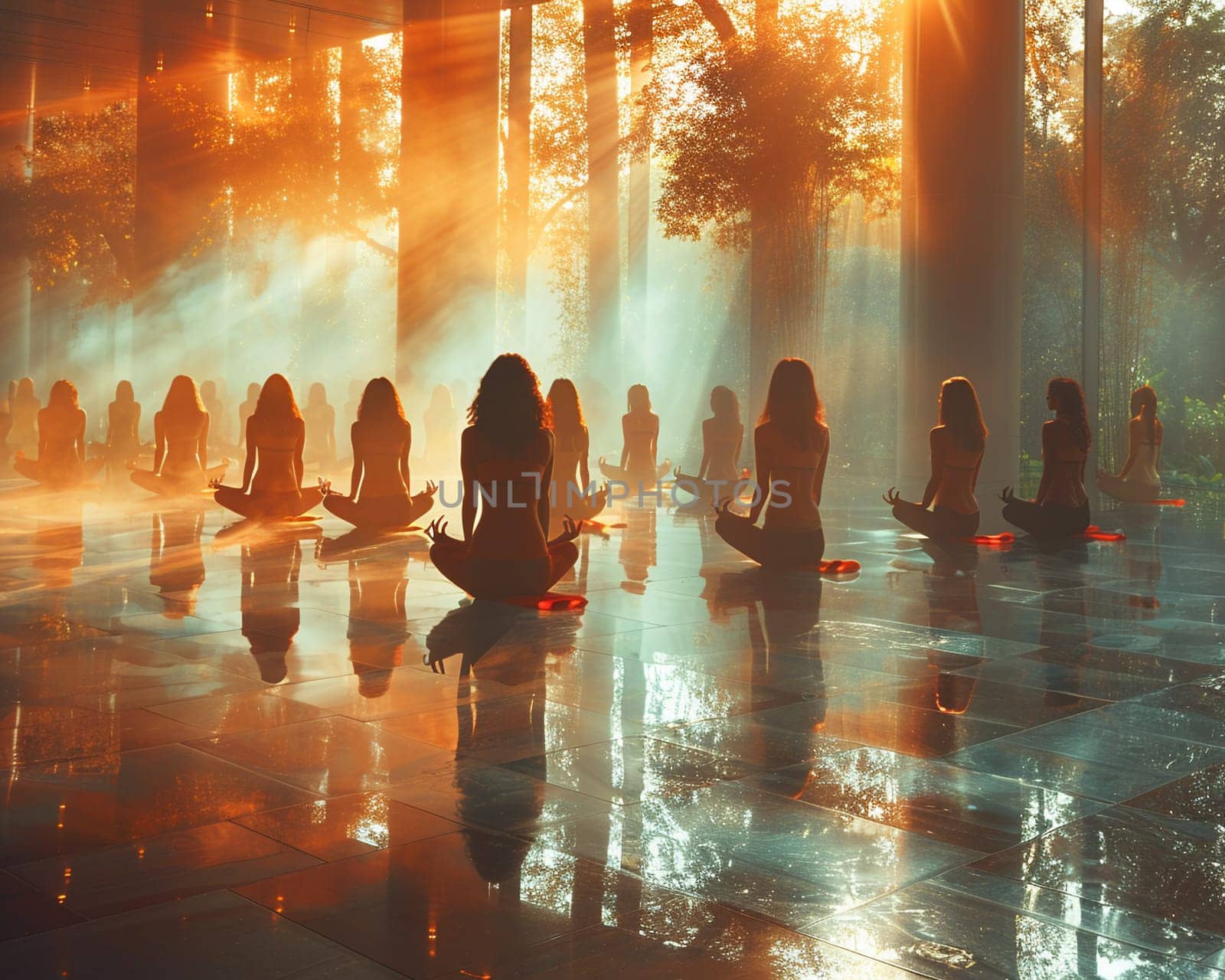 Serene Yoga Class in Session at a Sunlit Wellness Center, The tranquil blur of figures in poses against the morning light emphasizes balance and harmony.