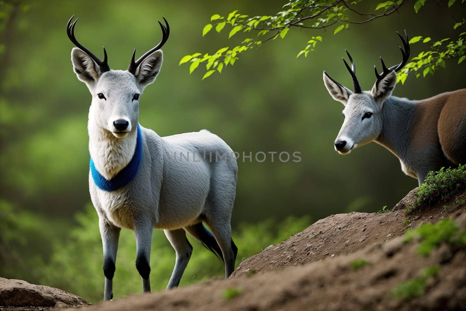 The image shows two white deer standing on a rocky hillside, looking at each other.