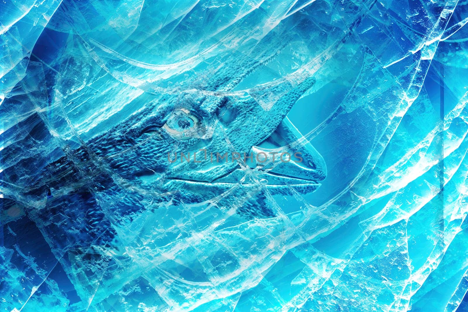 a dinosaur in a frozen ice, with the dinosaurs head peeking out of the ice.