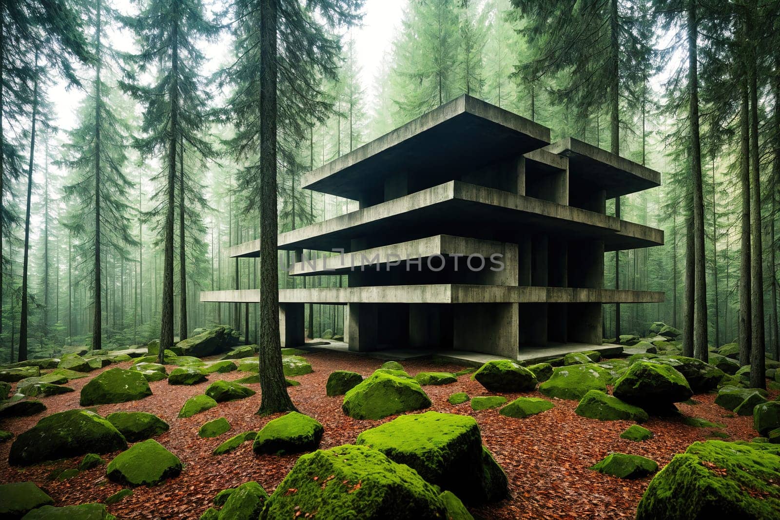 A large concrete building is surrounded by trees and rocks. The building is tall and has a modern design. Scene is serene and peaceful, as the natural elements of the forest