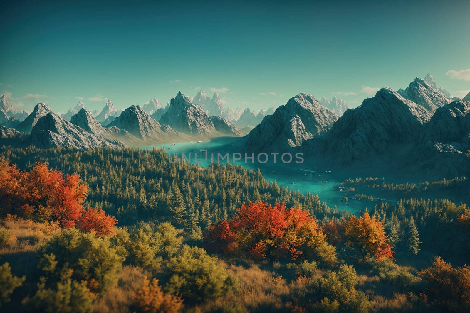 The image is a scenic landscape with mountains in the background, trees in the foreground, and a river running through the middle.