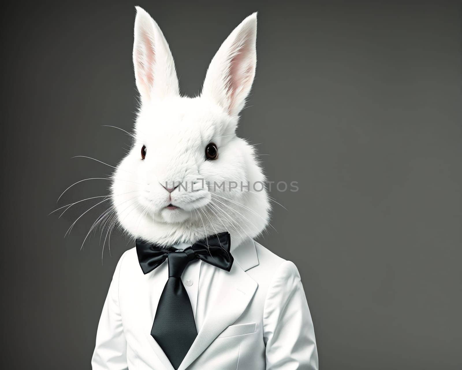 The image shows a white rabbit wearing a suit and bow tie standing in front of a gray background.