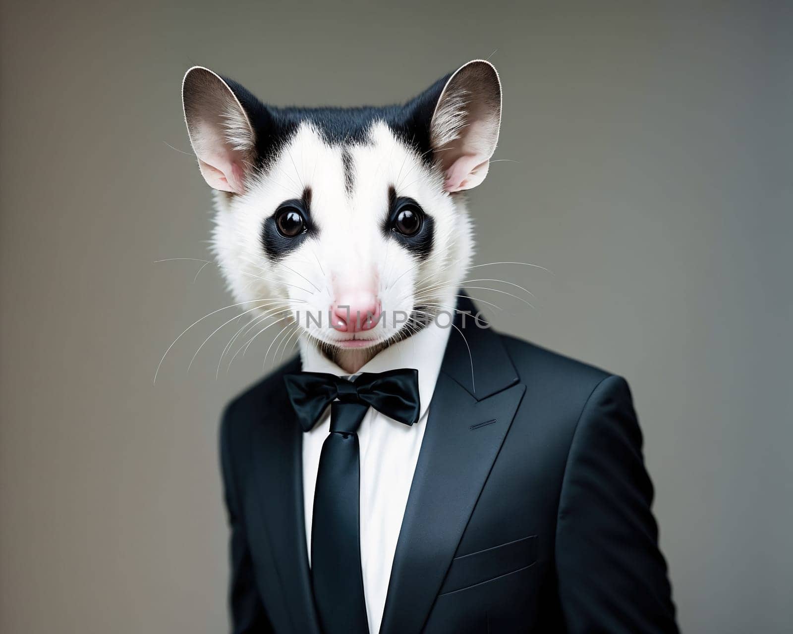 The image is of a rat wearing a tuxedo, standing in front of a white background.
