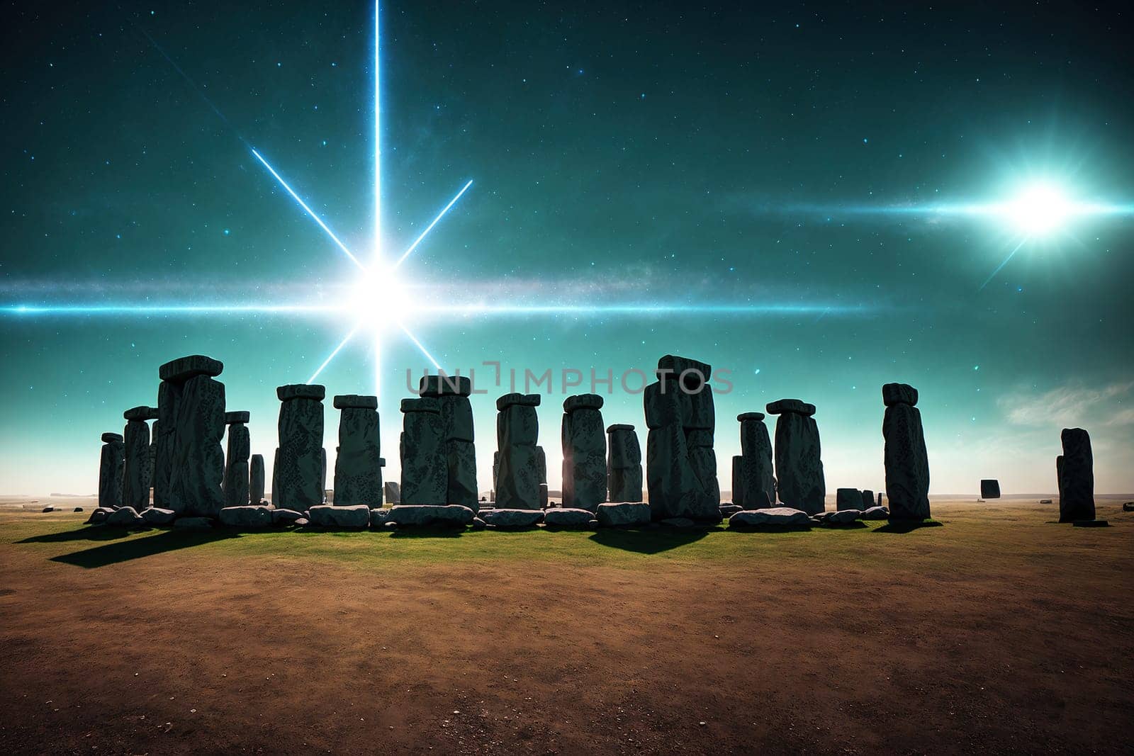 The image shows a group of large stone structures in the middle of a grassy field, with the sun shining down on them.
