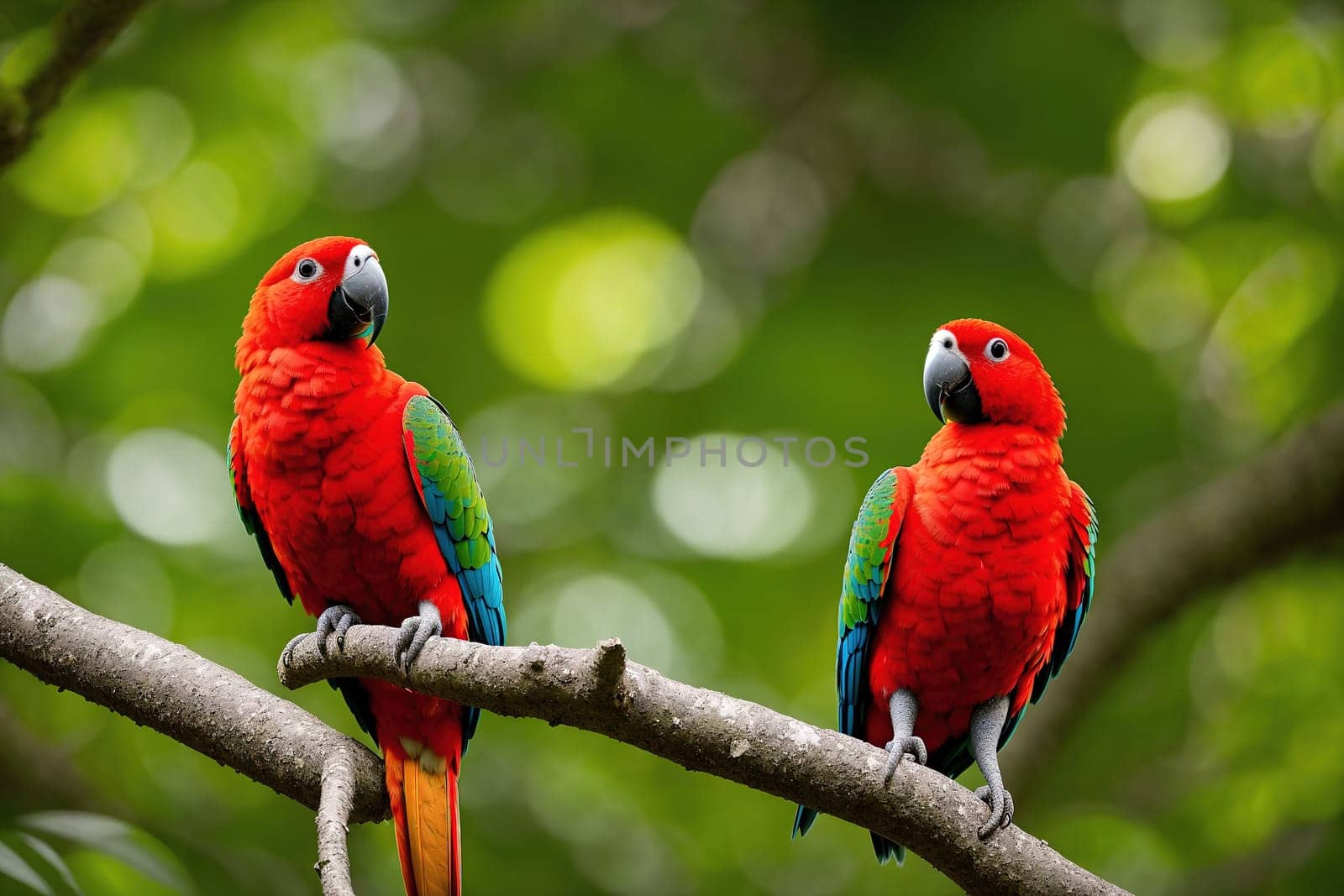 Two colorful parrots perched on a branch of a tree, looking at each other.