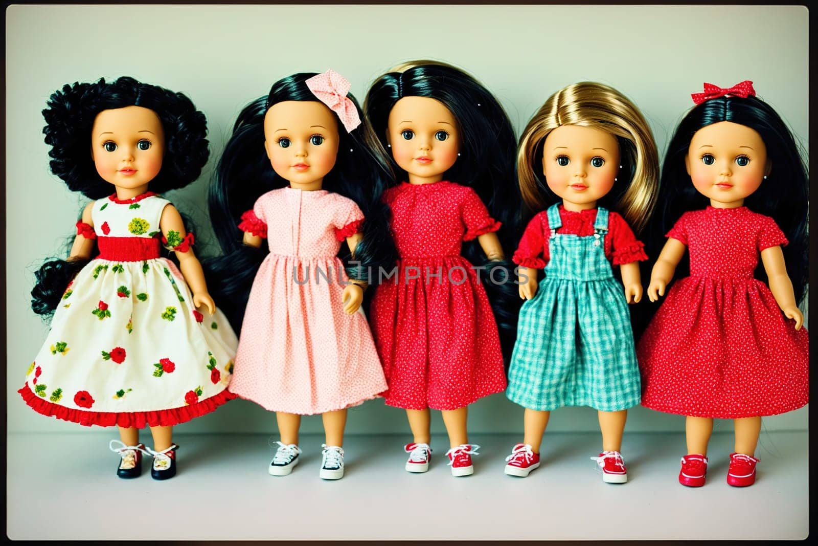 The image shows a group of three dolls dressed in different outfits, one wearing a red and white polka dot dress, one wearing a pink and white striped dress, and one wearing a blue and white striped dress.