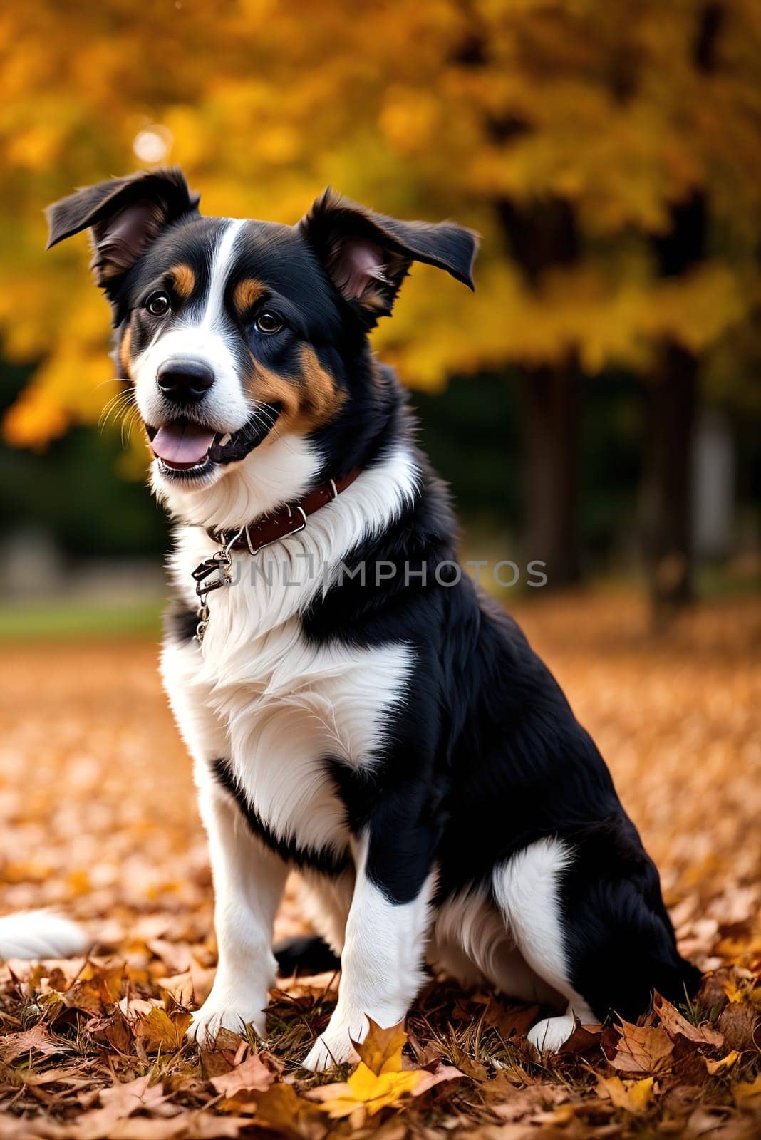 The image shows a black and white dog sitting on a pile of leaves, looking up at the camera with its brown eyes.