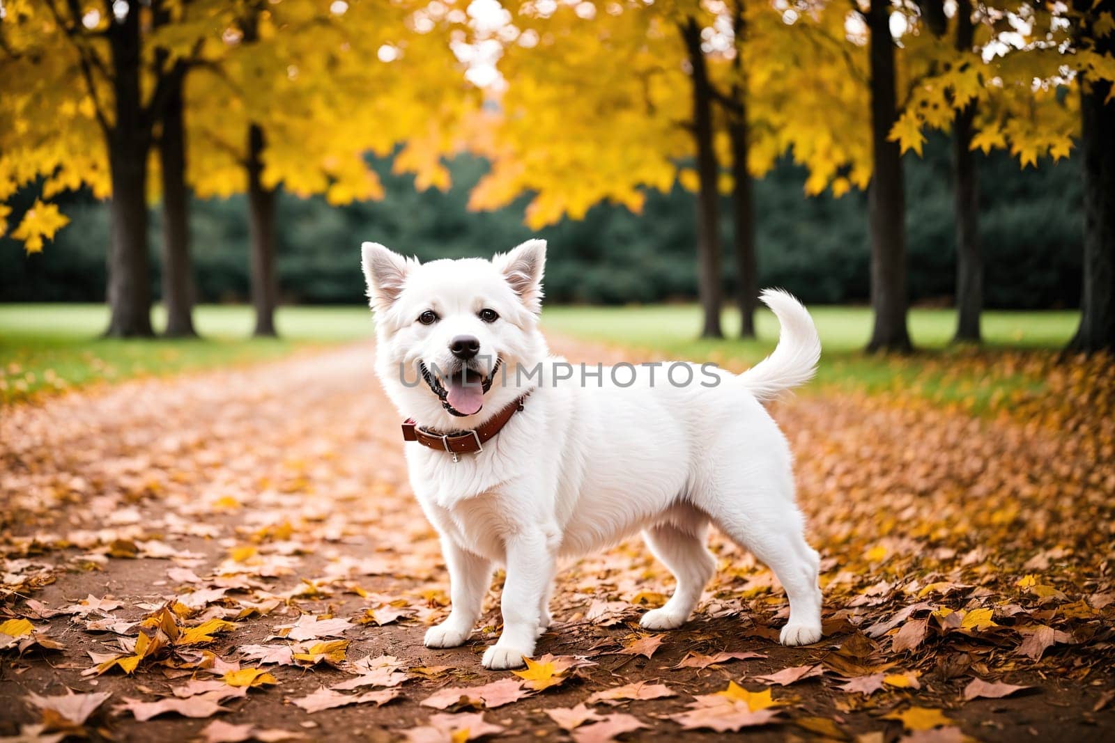 The image shows a white dog standing in the middle of a dirt path surrounded by autumn leaves.