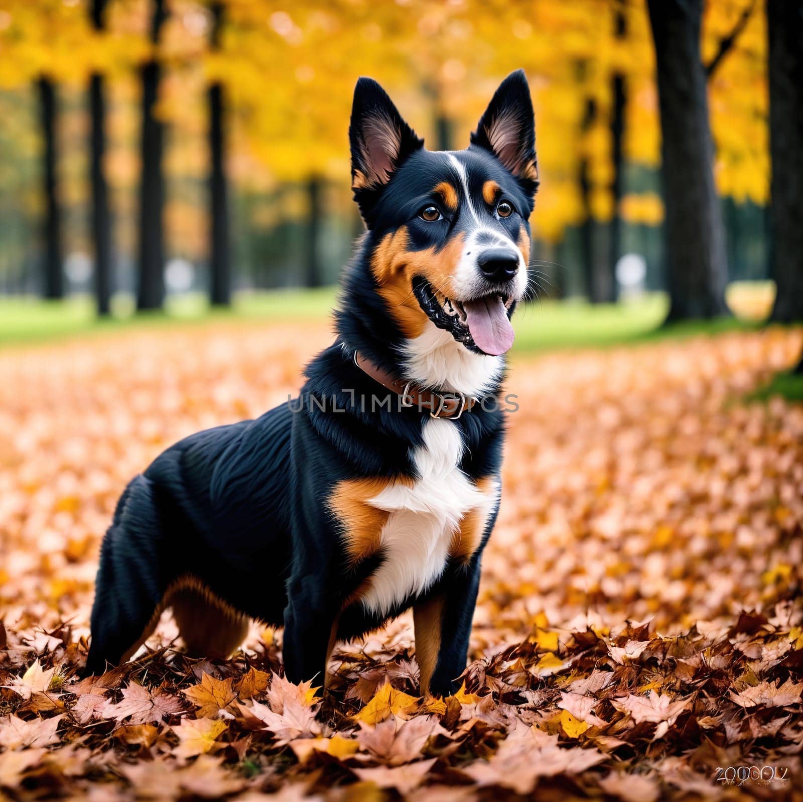 The image shows a black and tan dog standing in the leaves of a forest, looking up at the camera with its tongue hanging out.