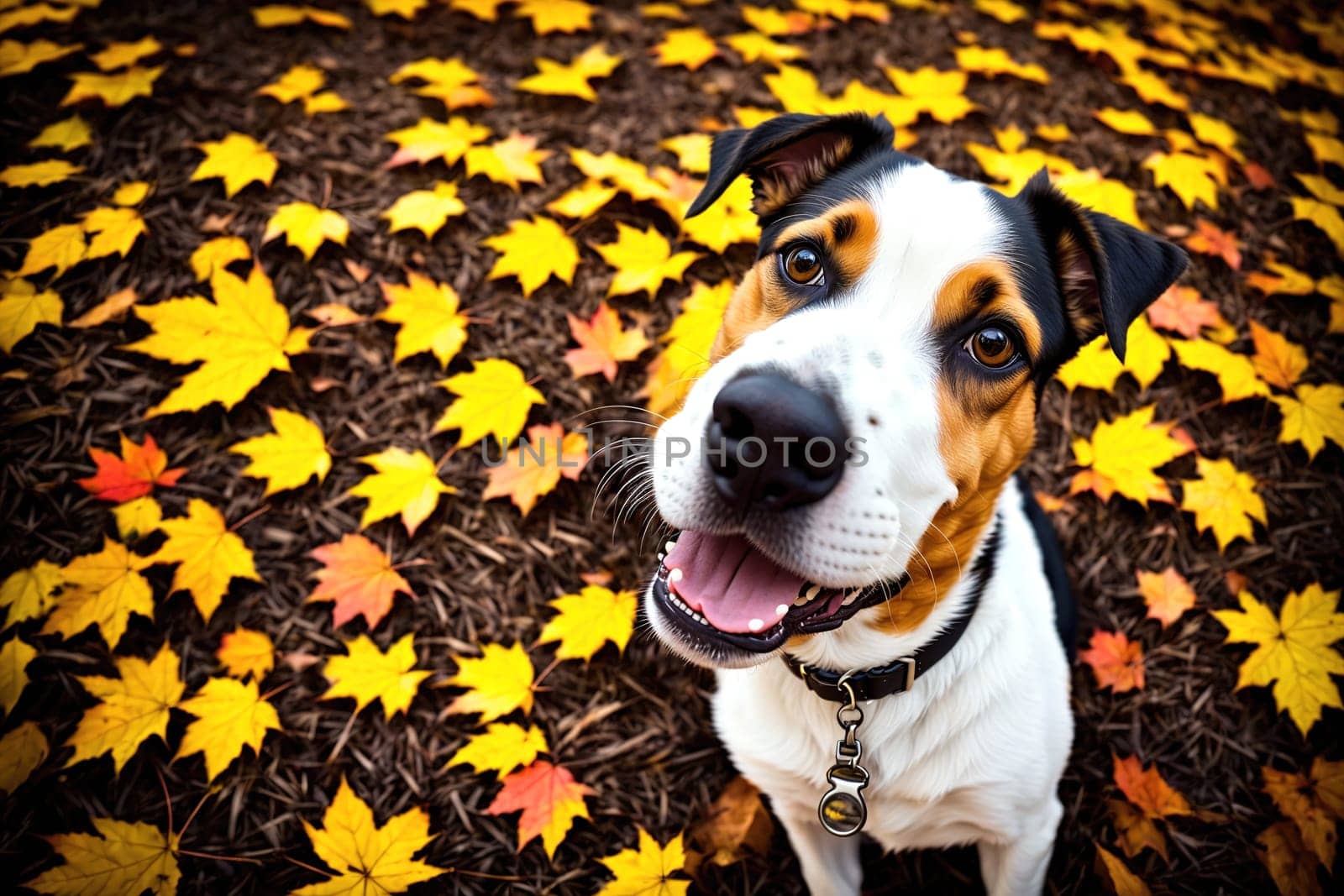 The image shows a black and white dog standing on a pile of autumn leaves with its tongue hanging out of its mouth.