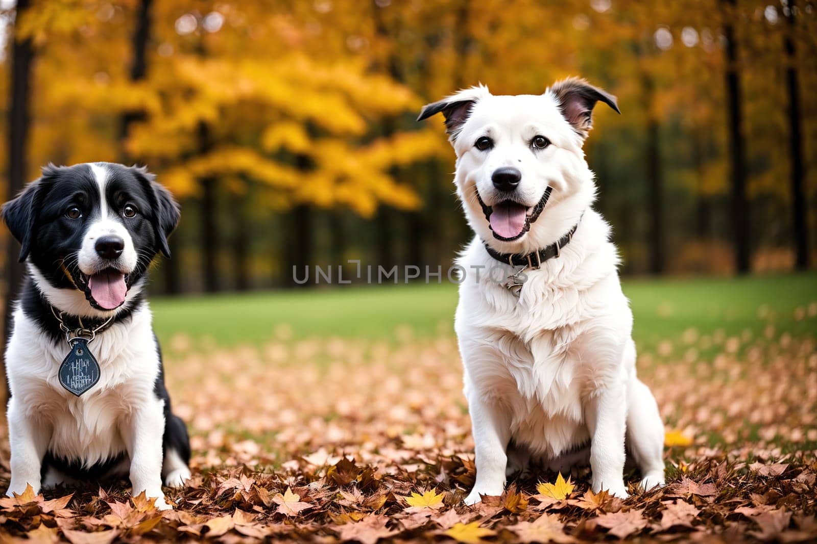The image shows two black and white dogs sitting on the grass in front of a pile of leaves.