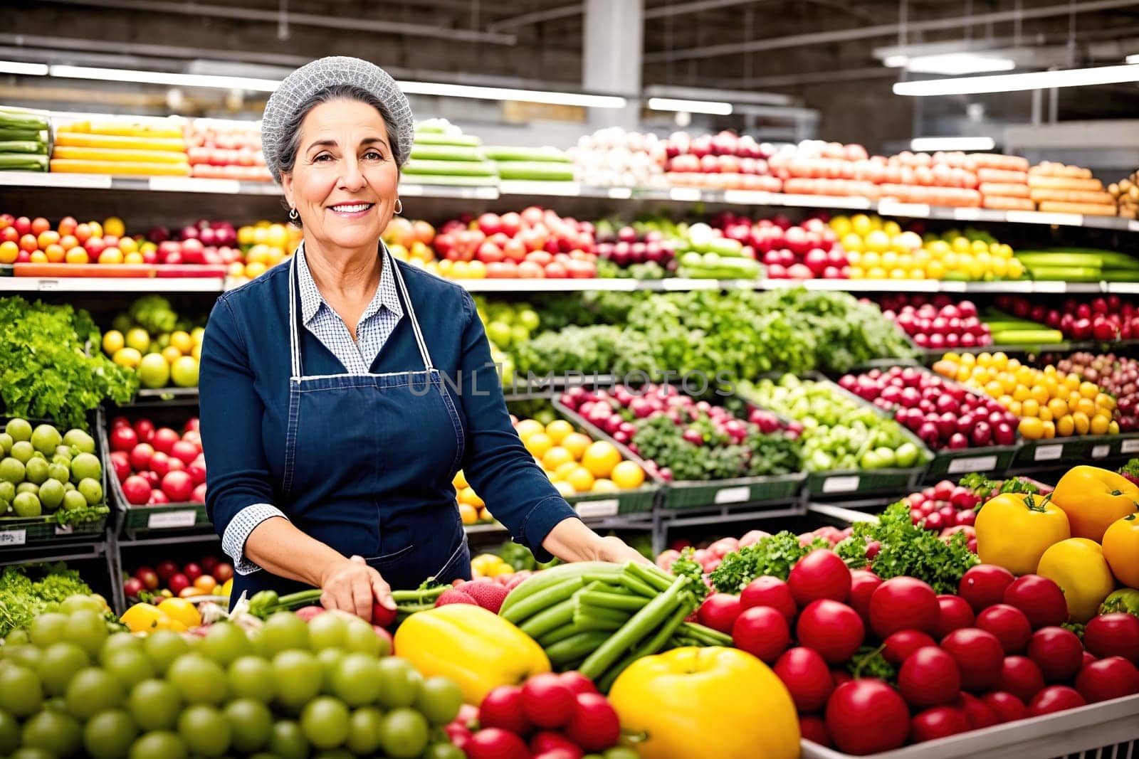 The image shows a woman standing in a grocery store aisle surrounded by various fruits and vegetables.