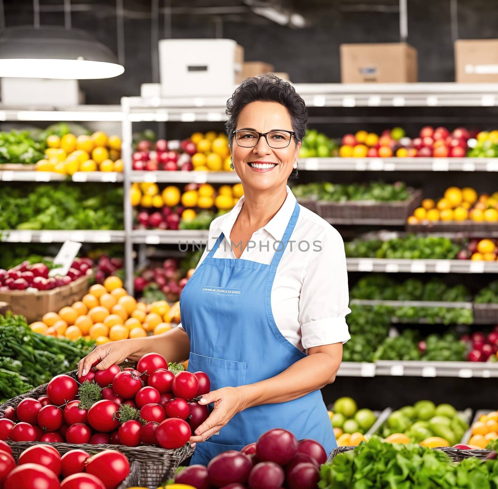 The image shows a woman in a blue apron standing in a grocery store holding a basket of fresh fruits and vegetables.