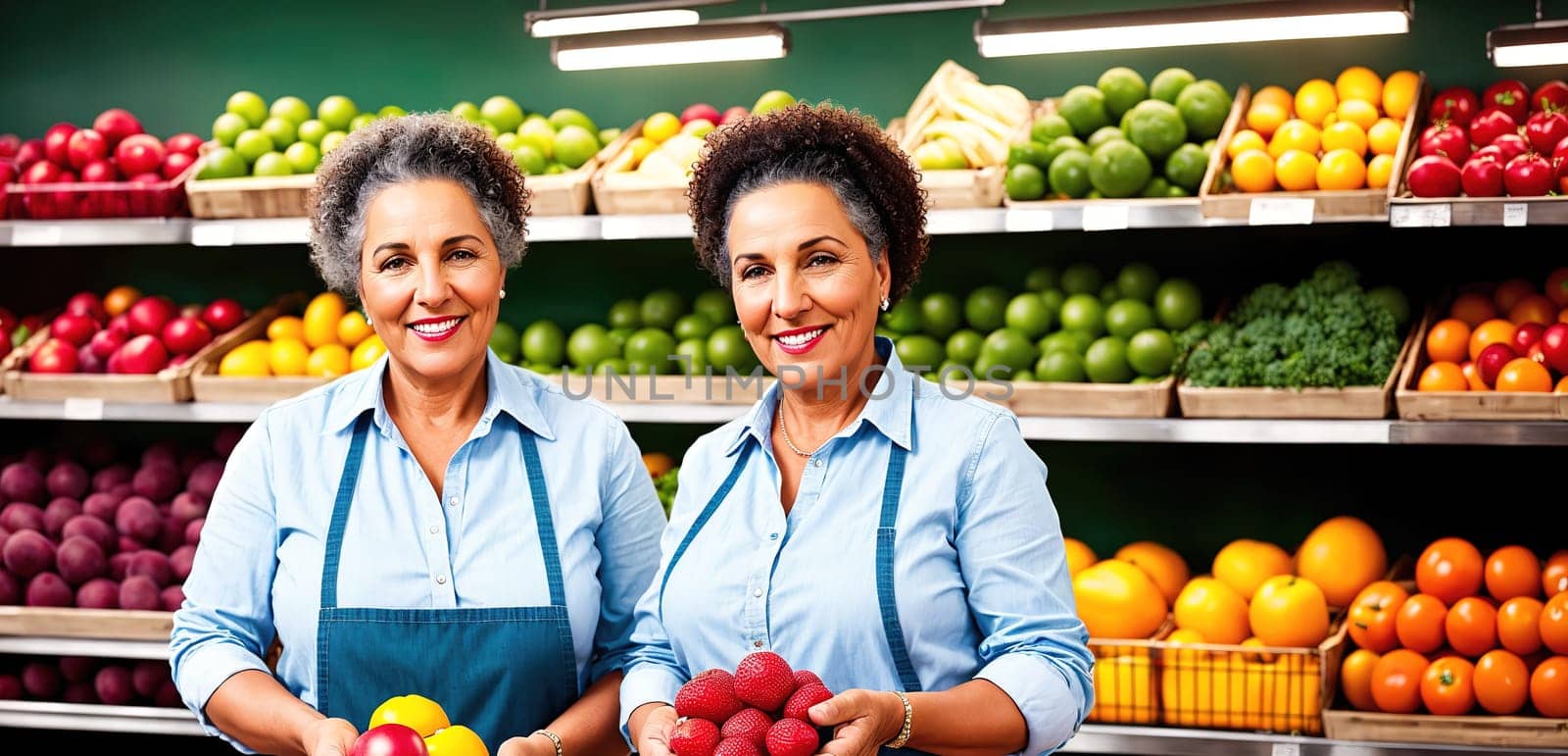 The image shows two women standing in a grocery store aisle, smiling and holding baskets of fresh fruits and vegetables.