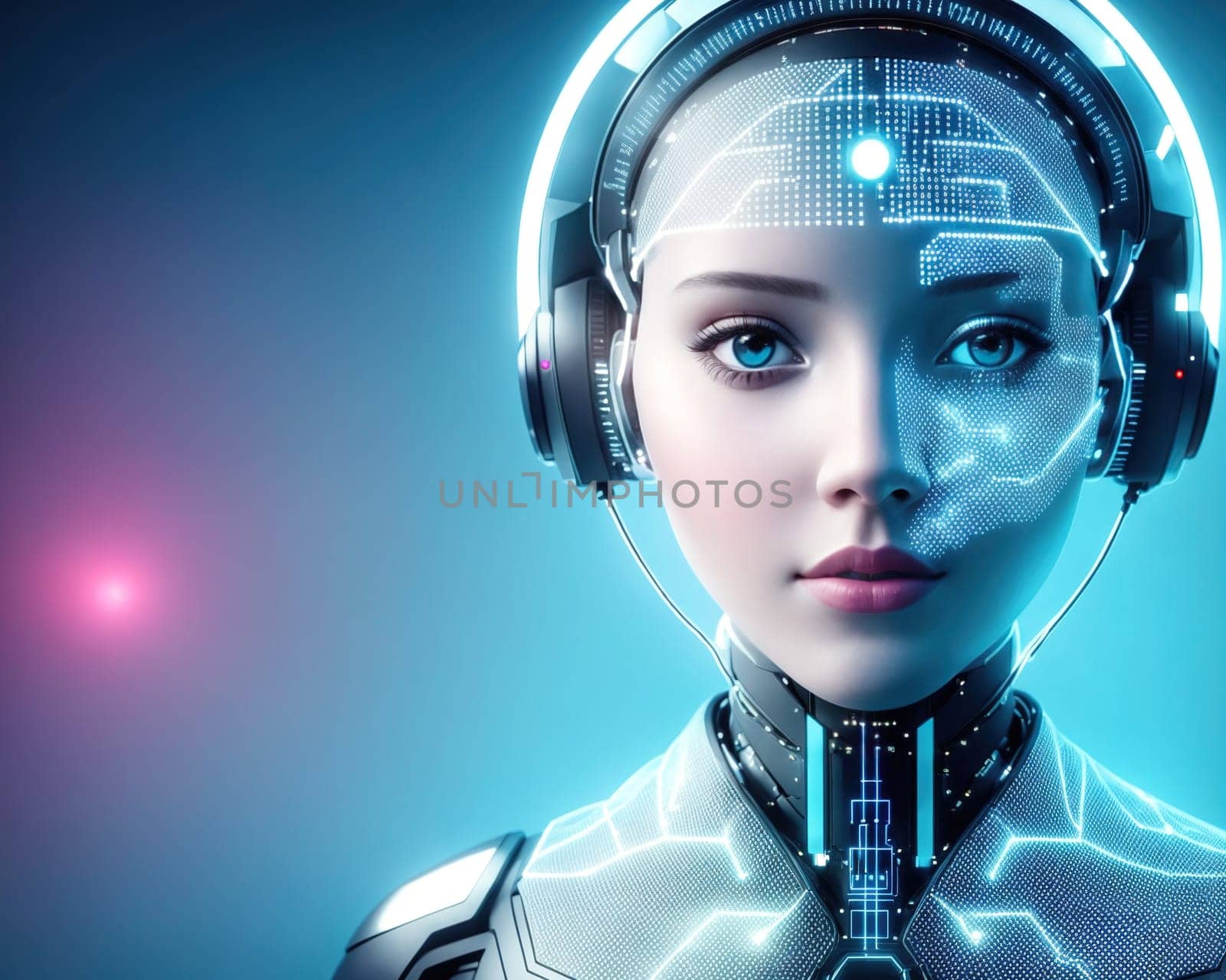 The image depicts a futuristic robotic woman with glowing blue eyes and a sleek, metallic body.