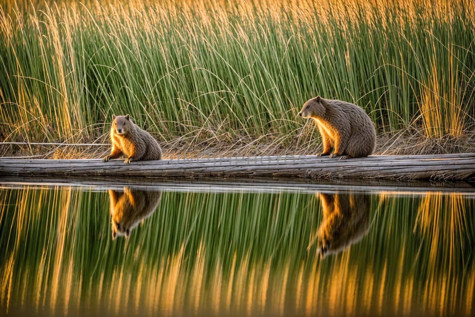 The image shows two deer standing on a wooden dock in the middle of a body of water, looking out at the horizon.