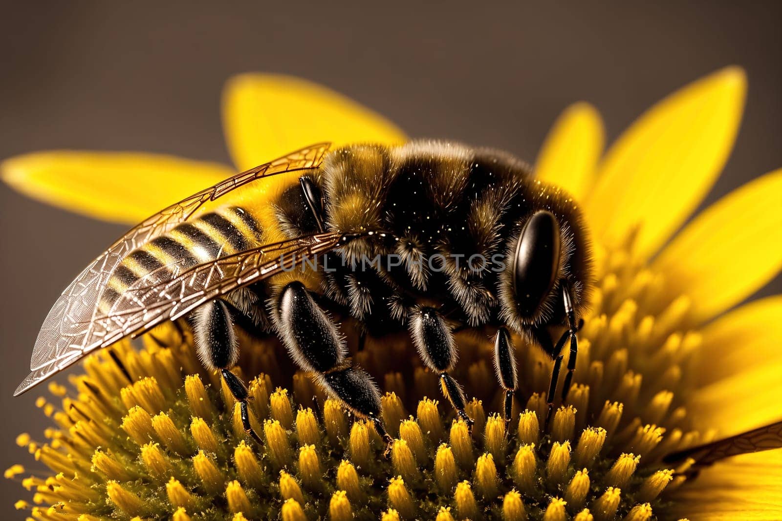 The image is of a bee sitting on top of a yellow flower.