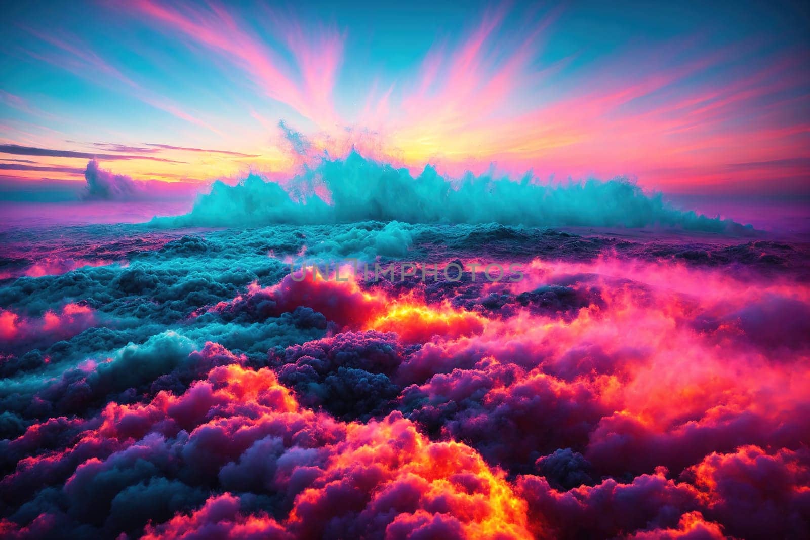 The image depicts a cloudy sky with pink and purple clouds floating in the air.