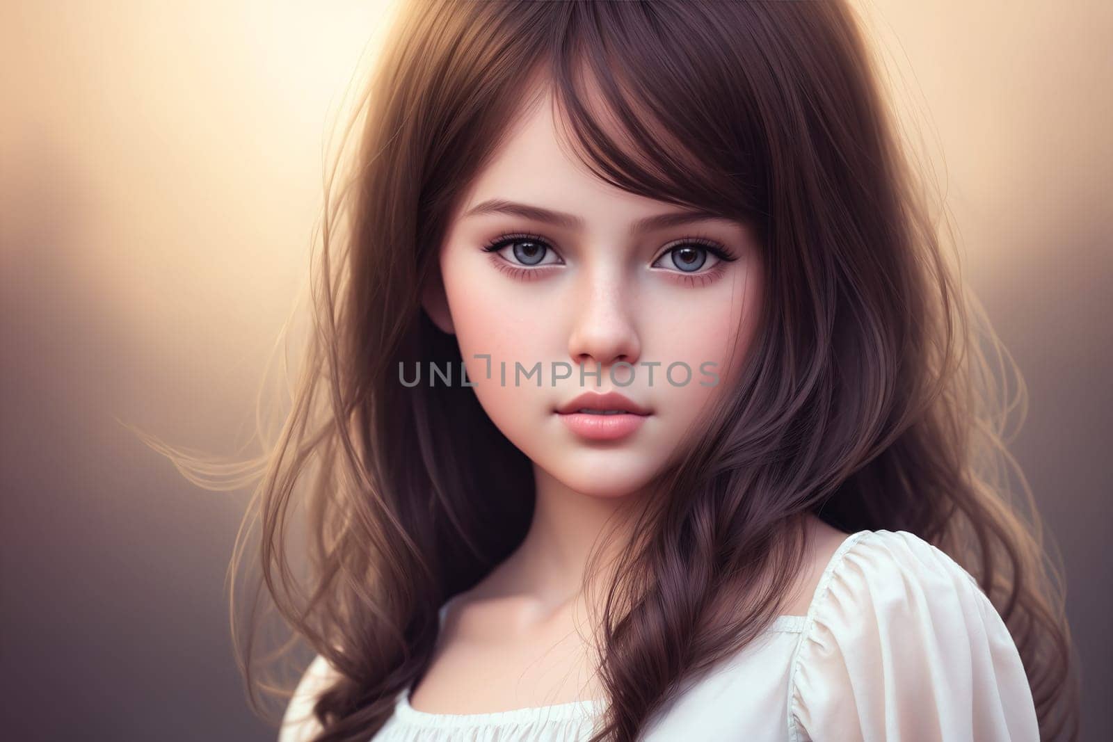 The image depicts a young girl with long, curly brown hair wearing a white dress and looking directly at the camera with a serious expression.