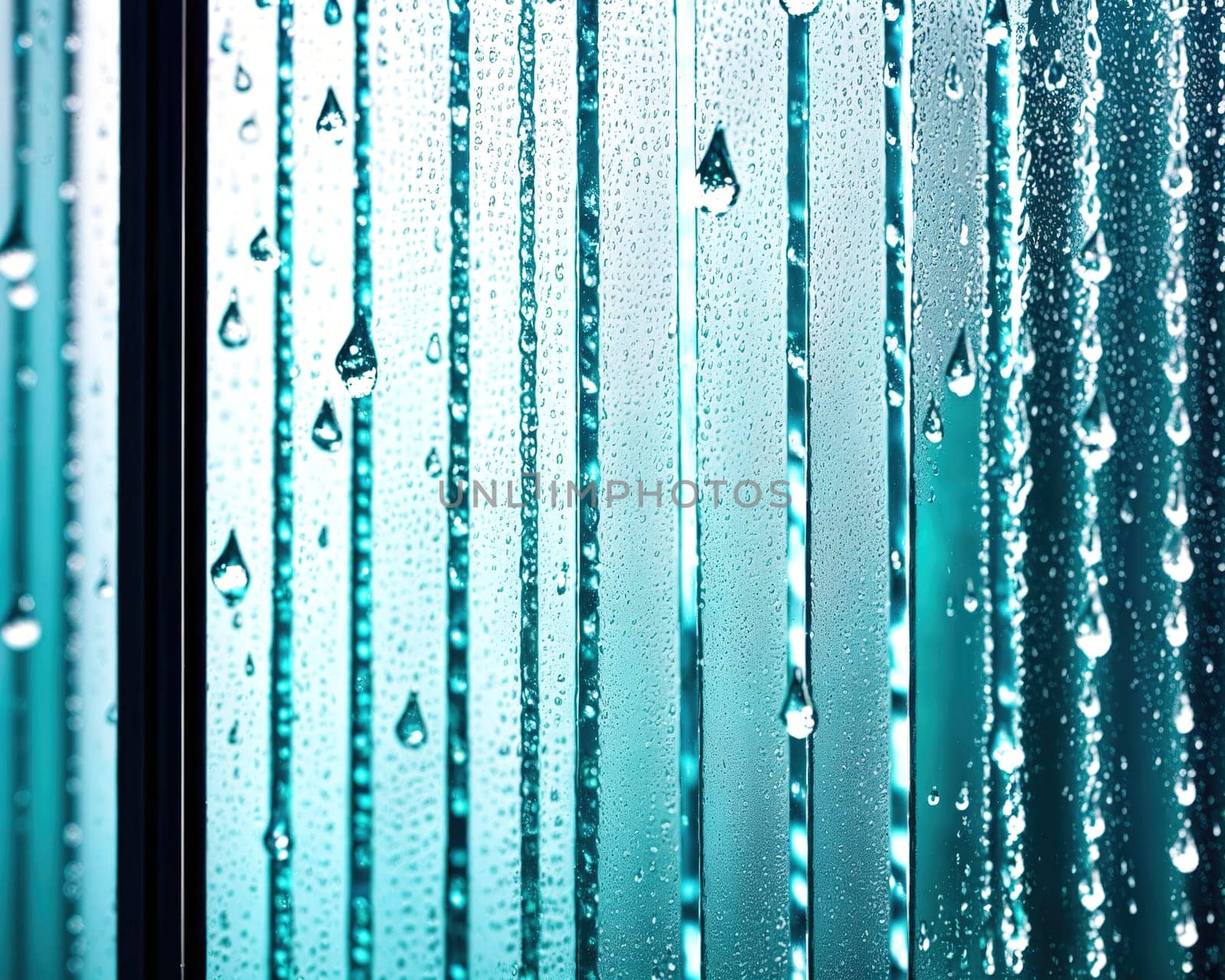 The image is a photograph of a shower curtain with water droplets on it.