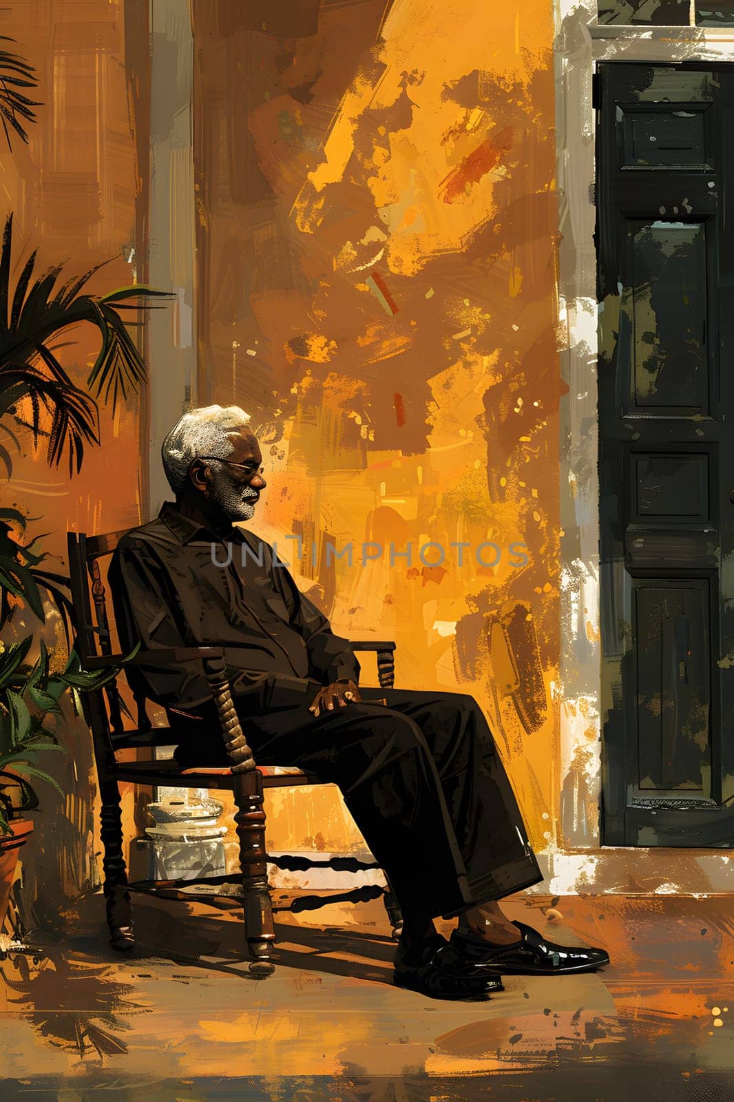 A visual arts event showcasing a painting of an artist sitting in a rocking chair, captured in tints and shades with a plant in the background