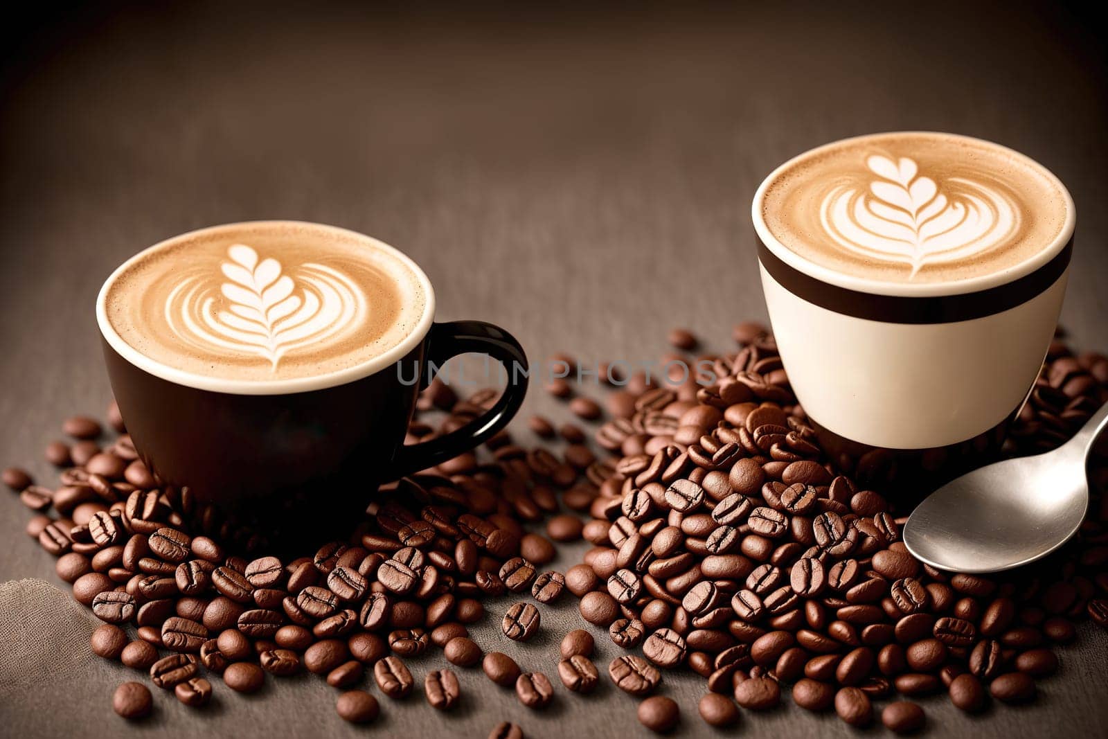 The image shows two cups of coffee with milk and sugar on a table surrounded by coffee beans.