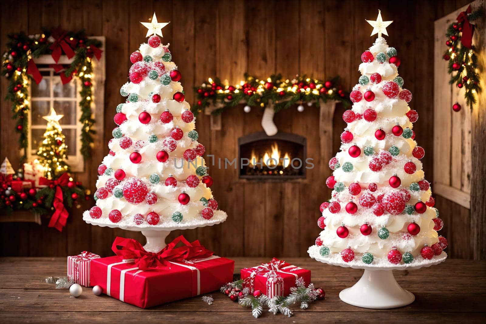 The image depicts a Christmas scene with a Christmas tree, presents, and a fireplace in the background.