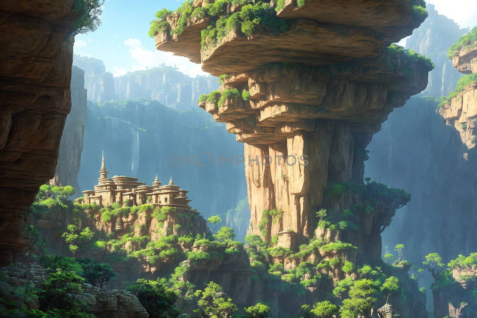 The image depicts a scenic landscape with towering rock formations, lush greenery, and a small village nestled in the valley below.