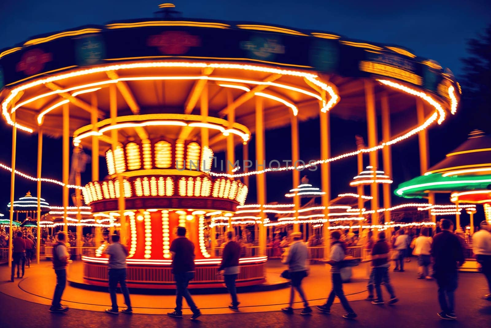 The image shows a colorful carousel with several people riding on it in the middle of a crowded amusement park.