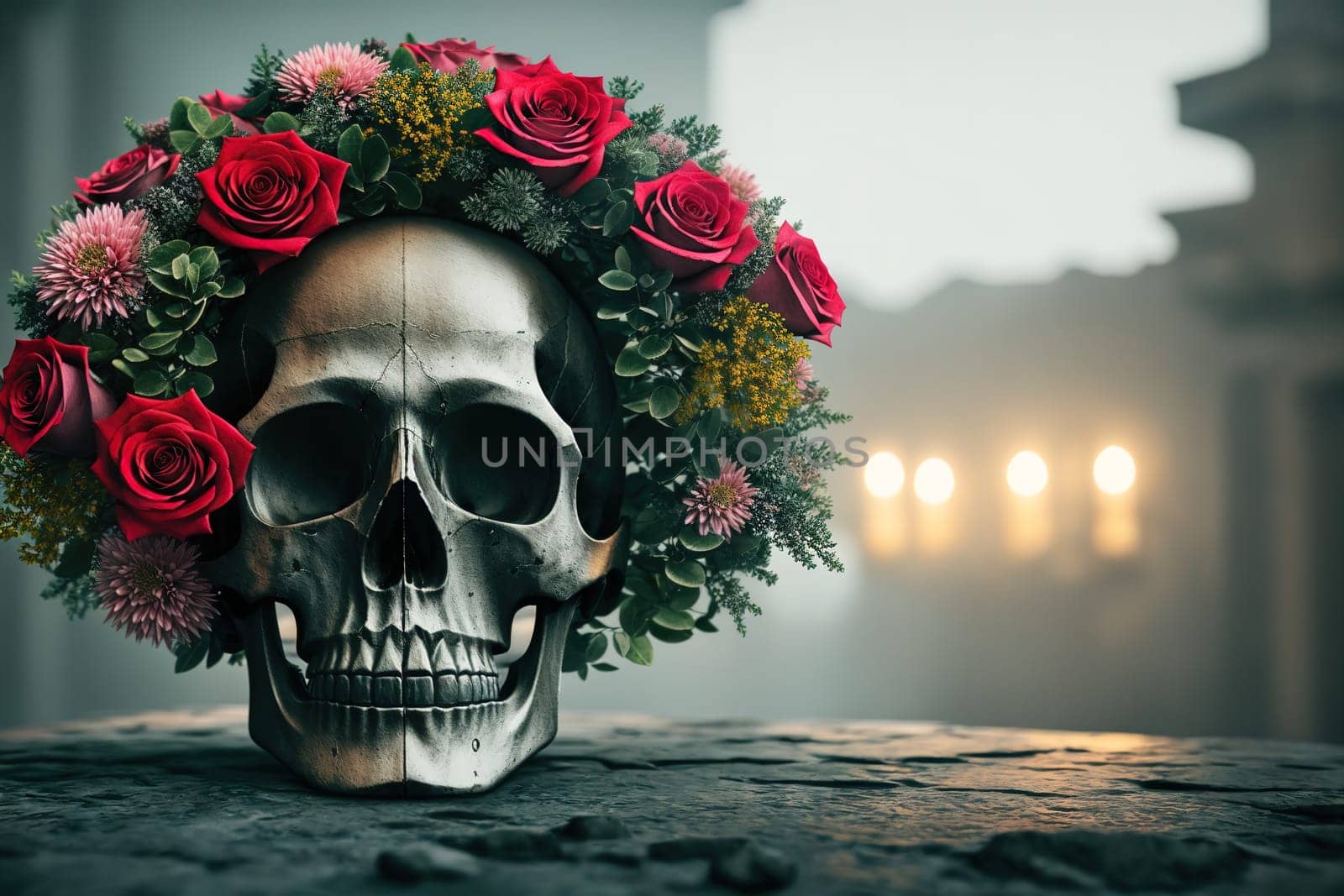The image is a skull with a wreath of red roses around its head, sitting on a table in a dimly lit room.