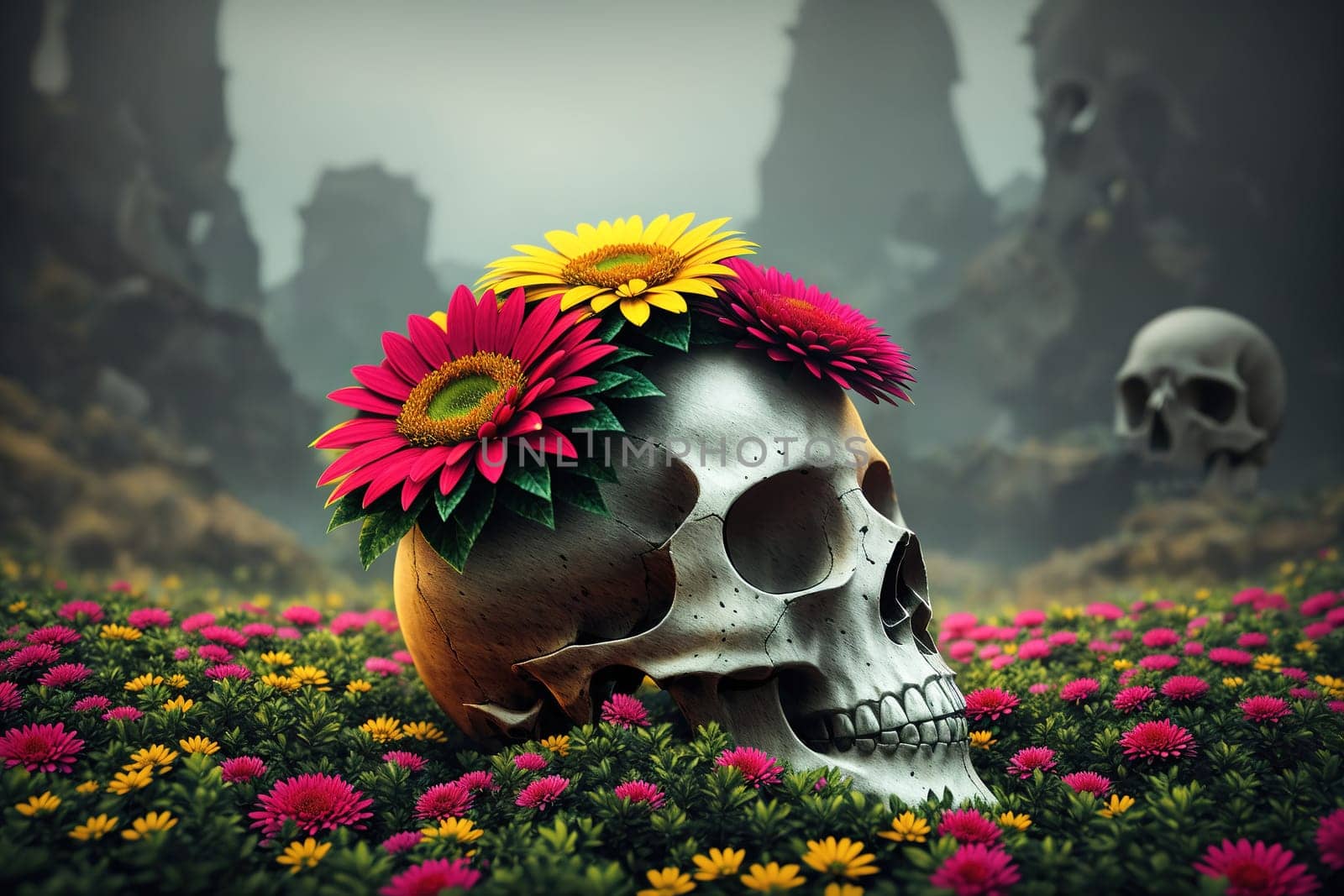 The image depicts a skull surrounded by colorful flowers in a field of grass.