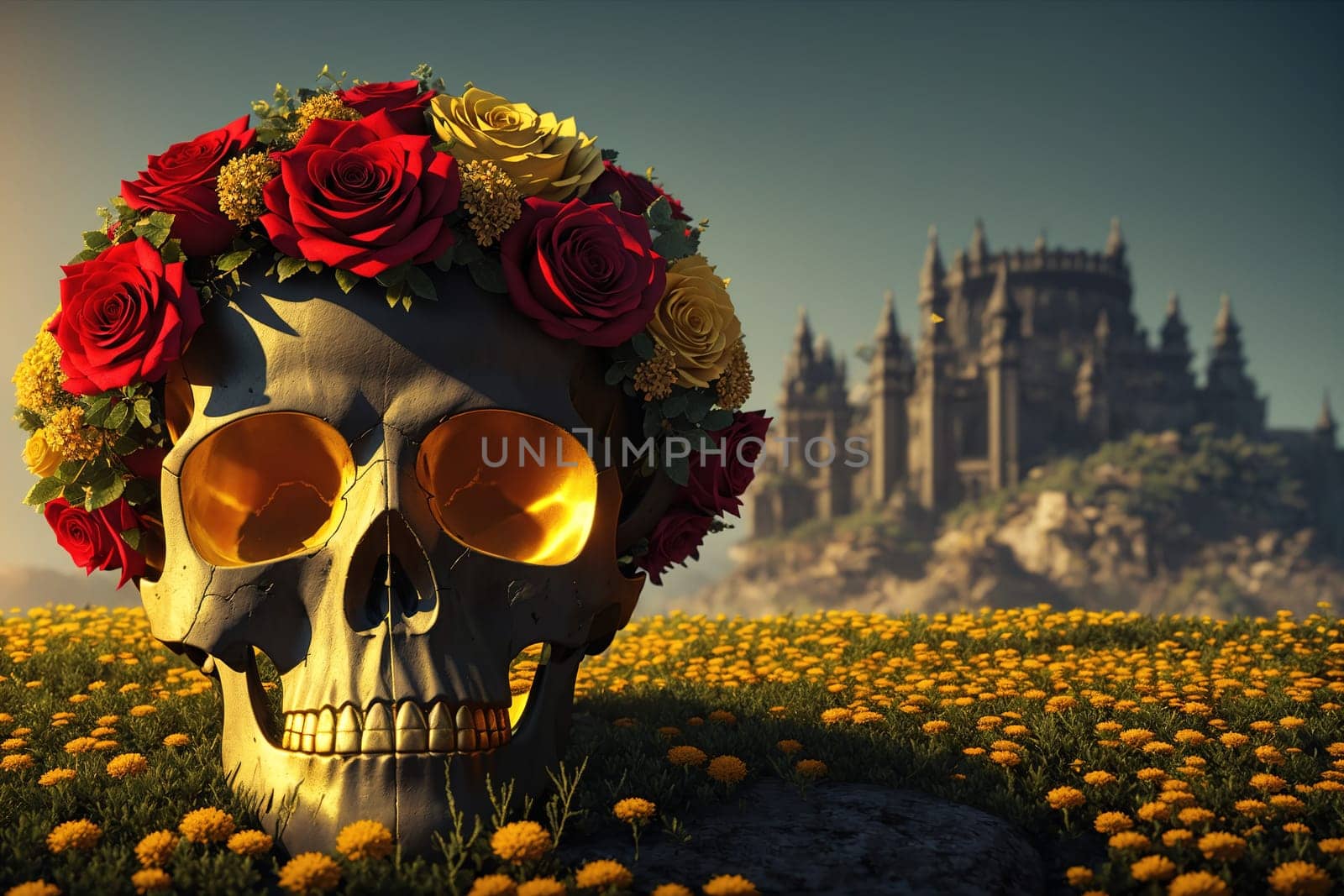 The image is a skull with a crown of flowers on its head, surrounded by a field of yellow flowers.
