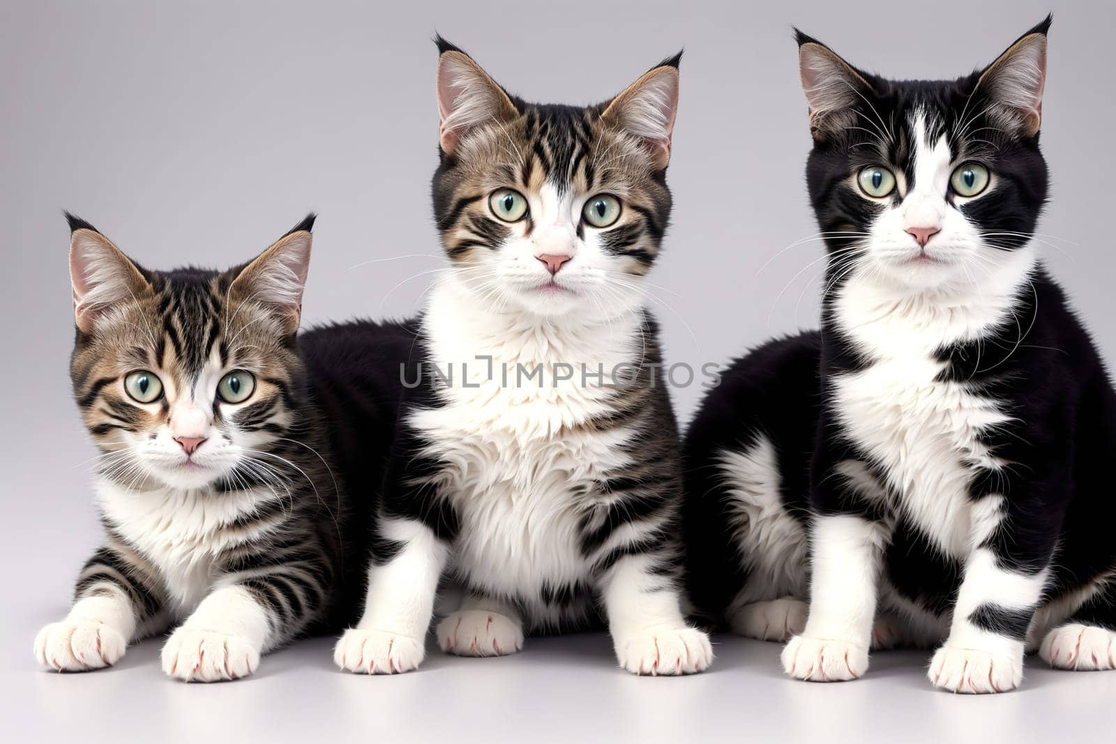 The image shows three kittens sitting in a row, each one looking at the camera with their big brown eyes.