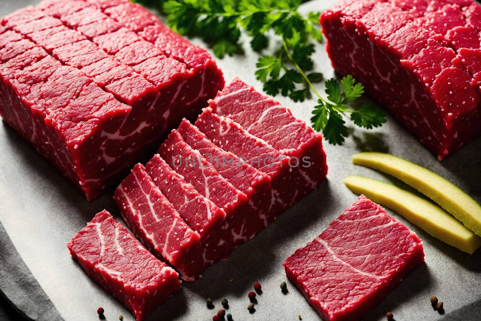 The image shows a plate of sliced beef with various vegetables and herbs arranged around it.