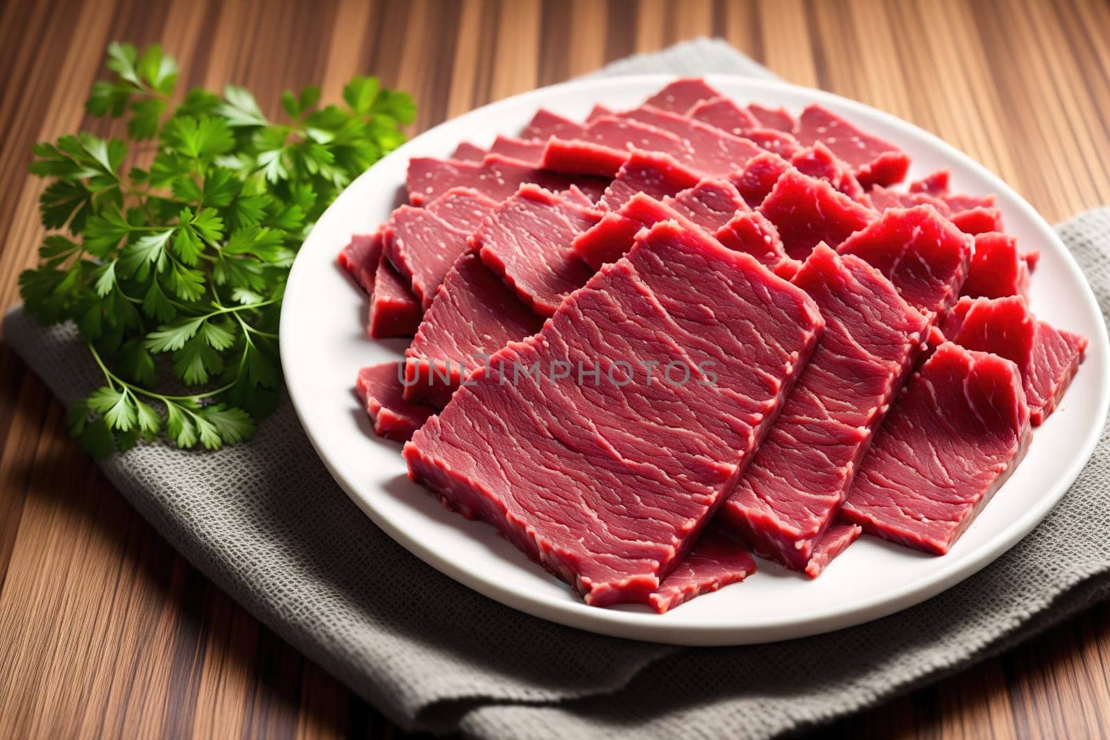 The image shows a plate of sliced beef on a wooden surface with parsley and other herbs.